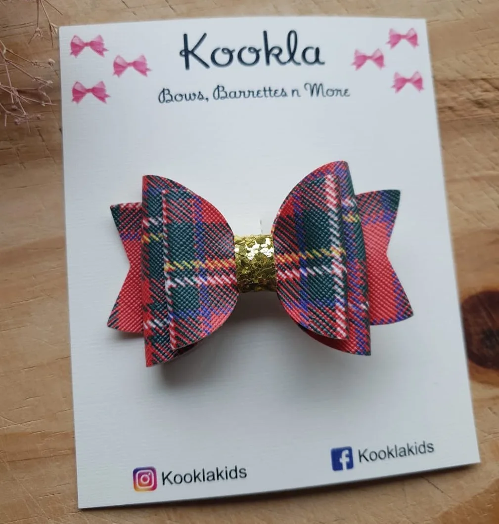 Christmas Layered Faux Leather Bow Clip — Red / Green Tartan / Gold Glitter