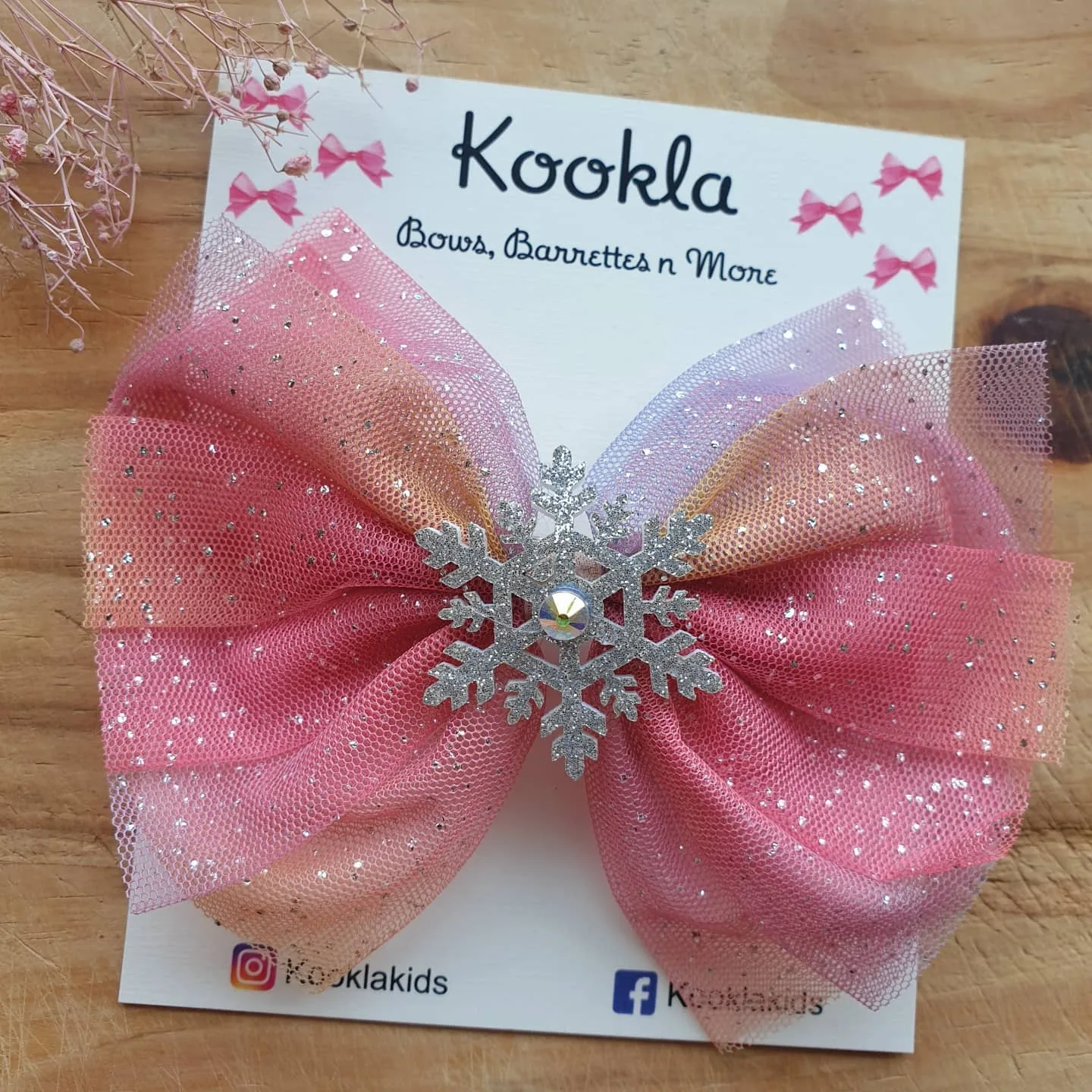 Glitter Tulle Bow Silver Snowflake Clip — Pink Ombre