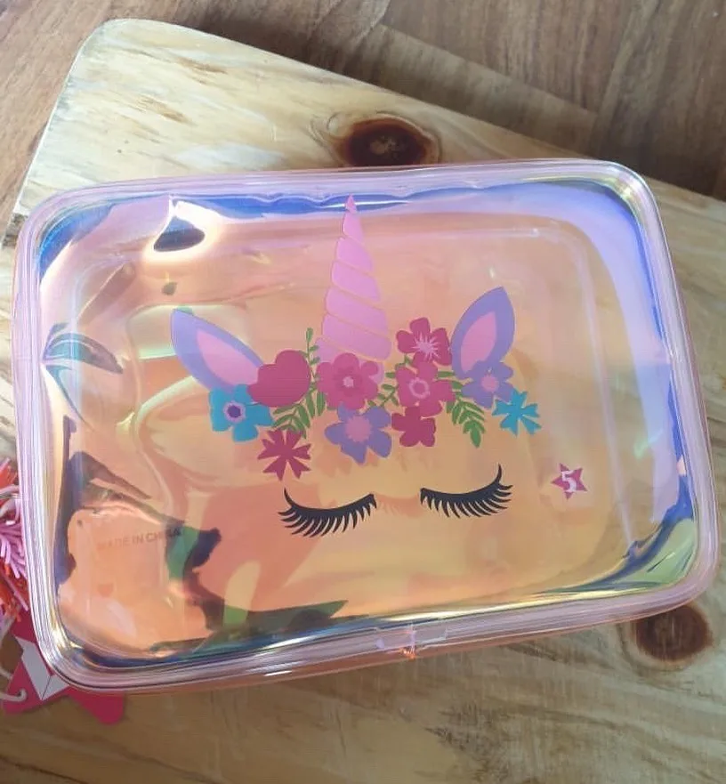 Iridescent Holographic Zip Pouch — Iridescent Pink / Unicorn Face Print