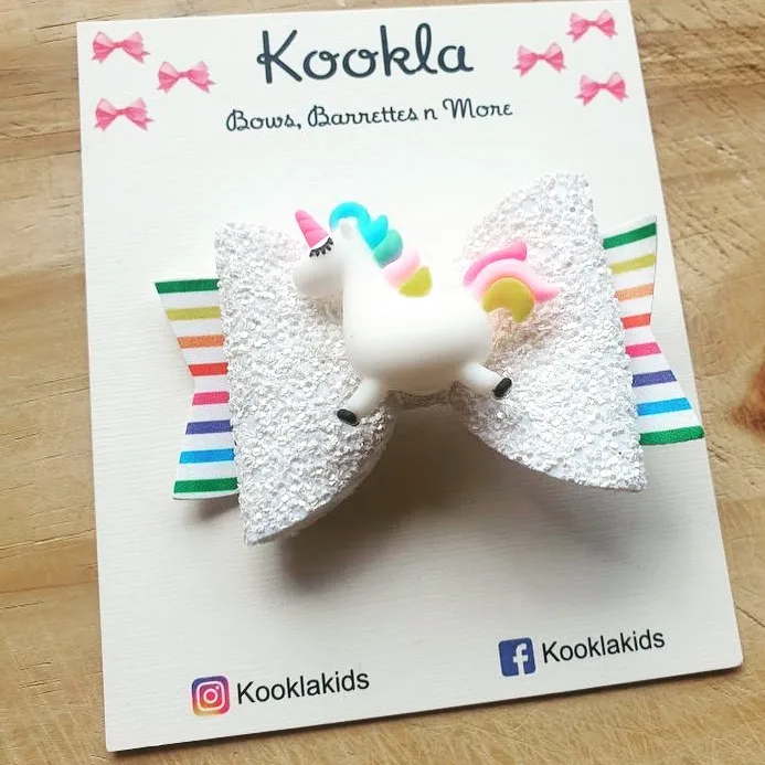 Glitter Rainbow Stripe Layered Bow Clip — White Glitter / Rainbow Stripe