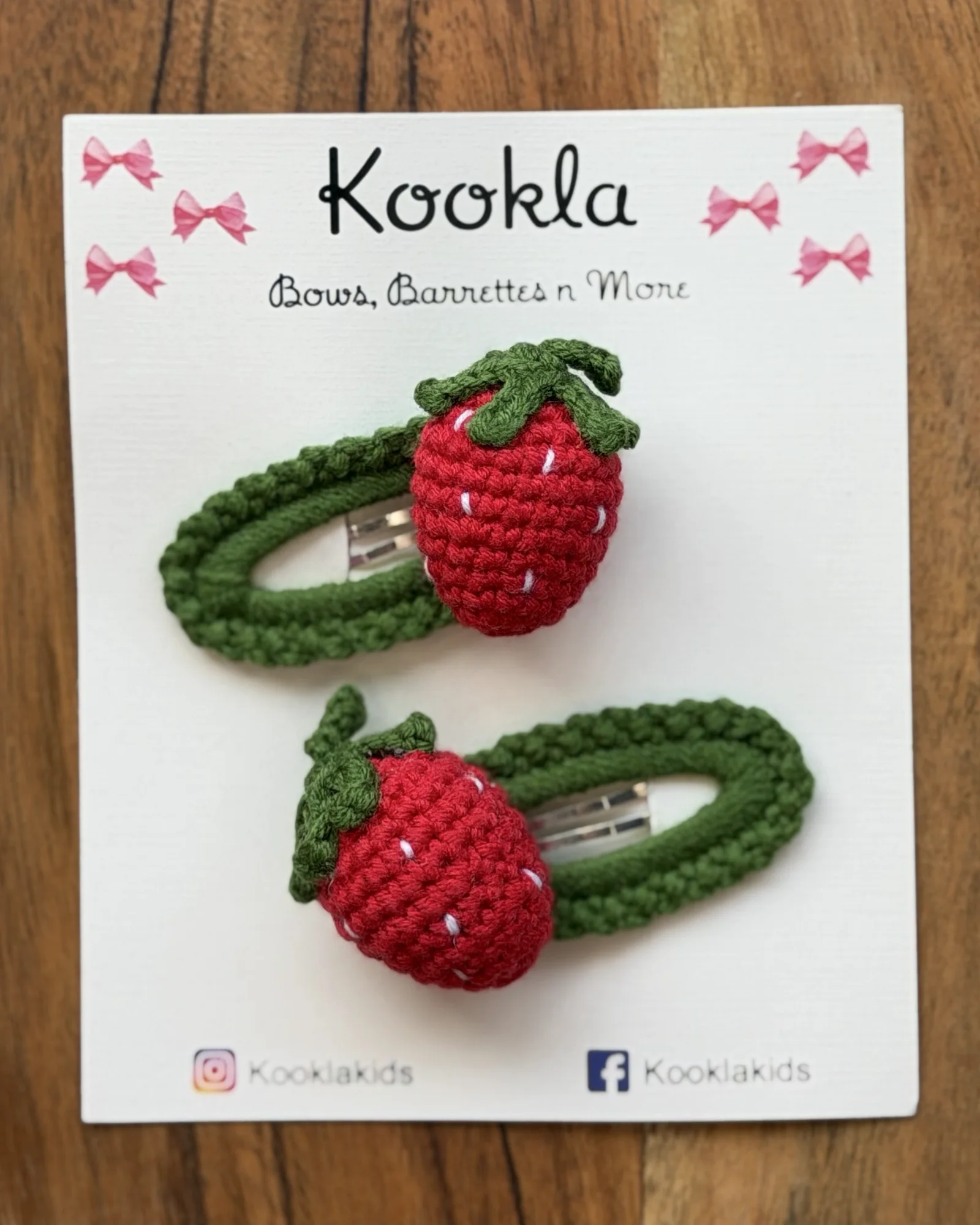 Crochet Strawberry Snap Clips (Pair) — Red / Green