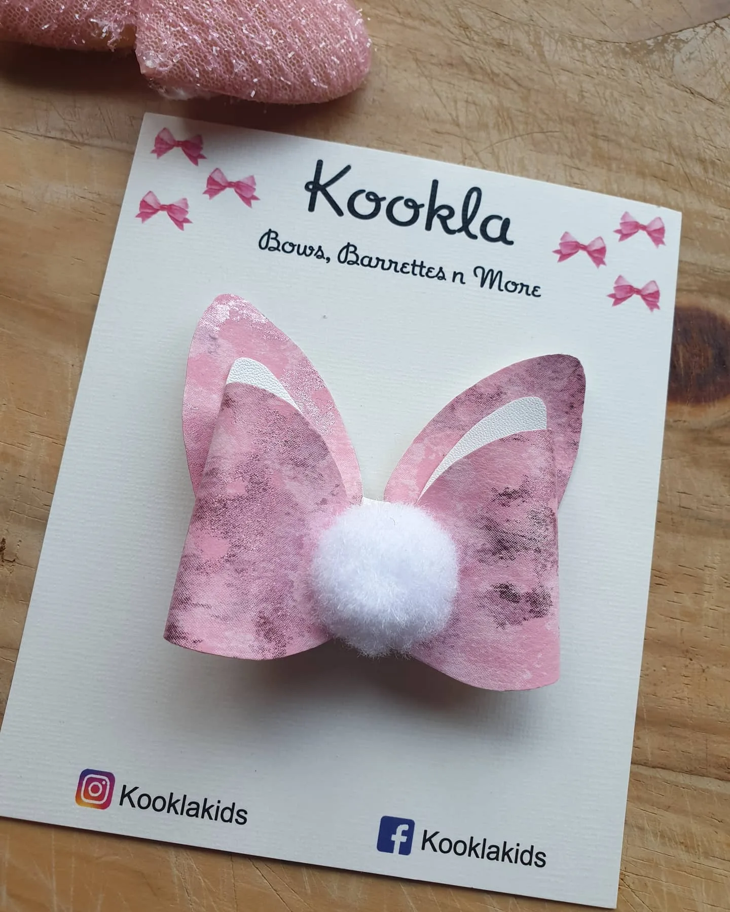 Bunny Ear Bow Pompom Tail Clip — Pink Tie-Dye