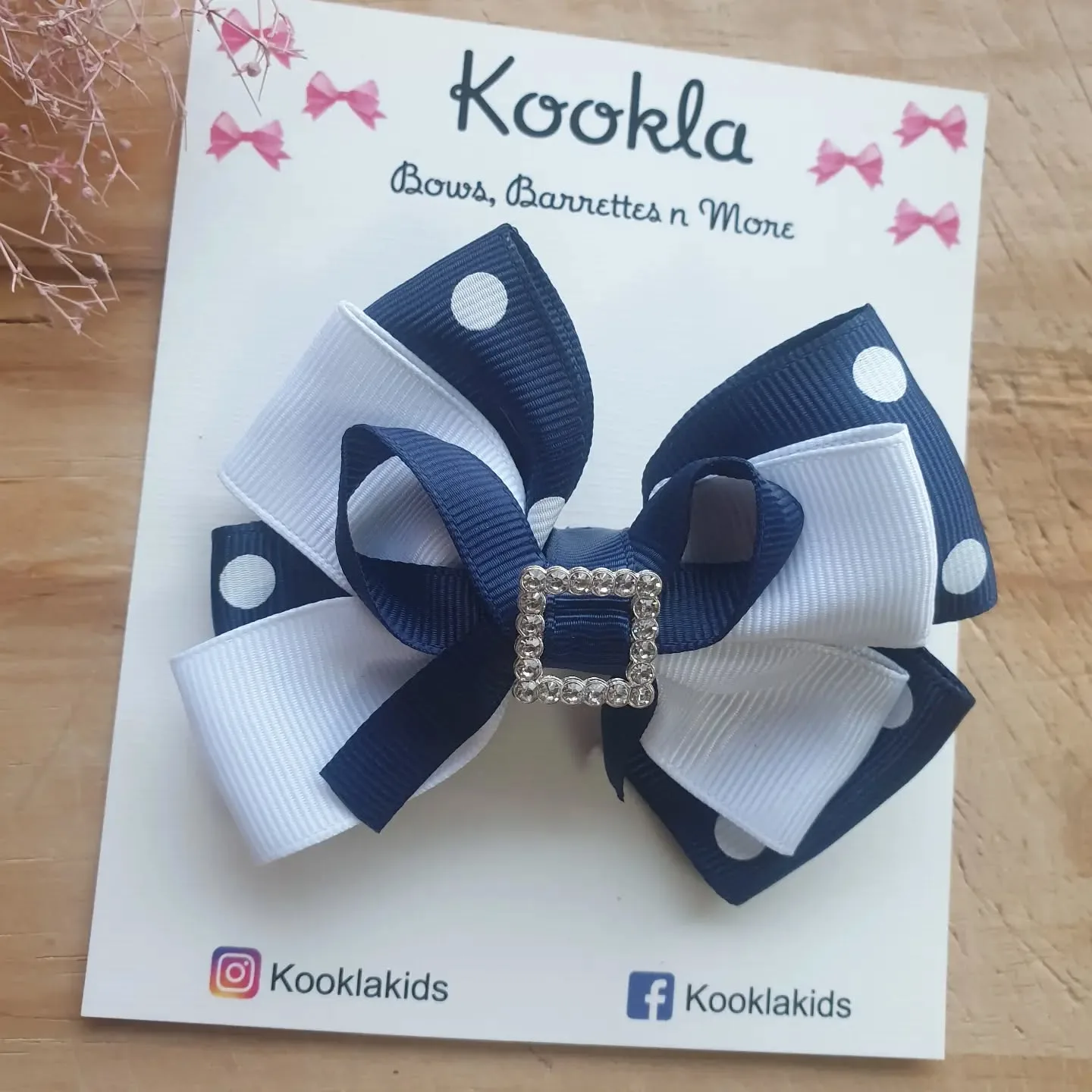 Layered Polka Grosgrain Bow Rhinestone Clip — Navy / White