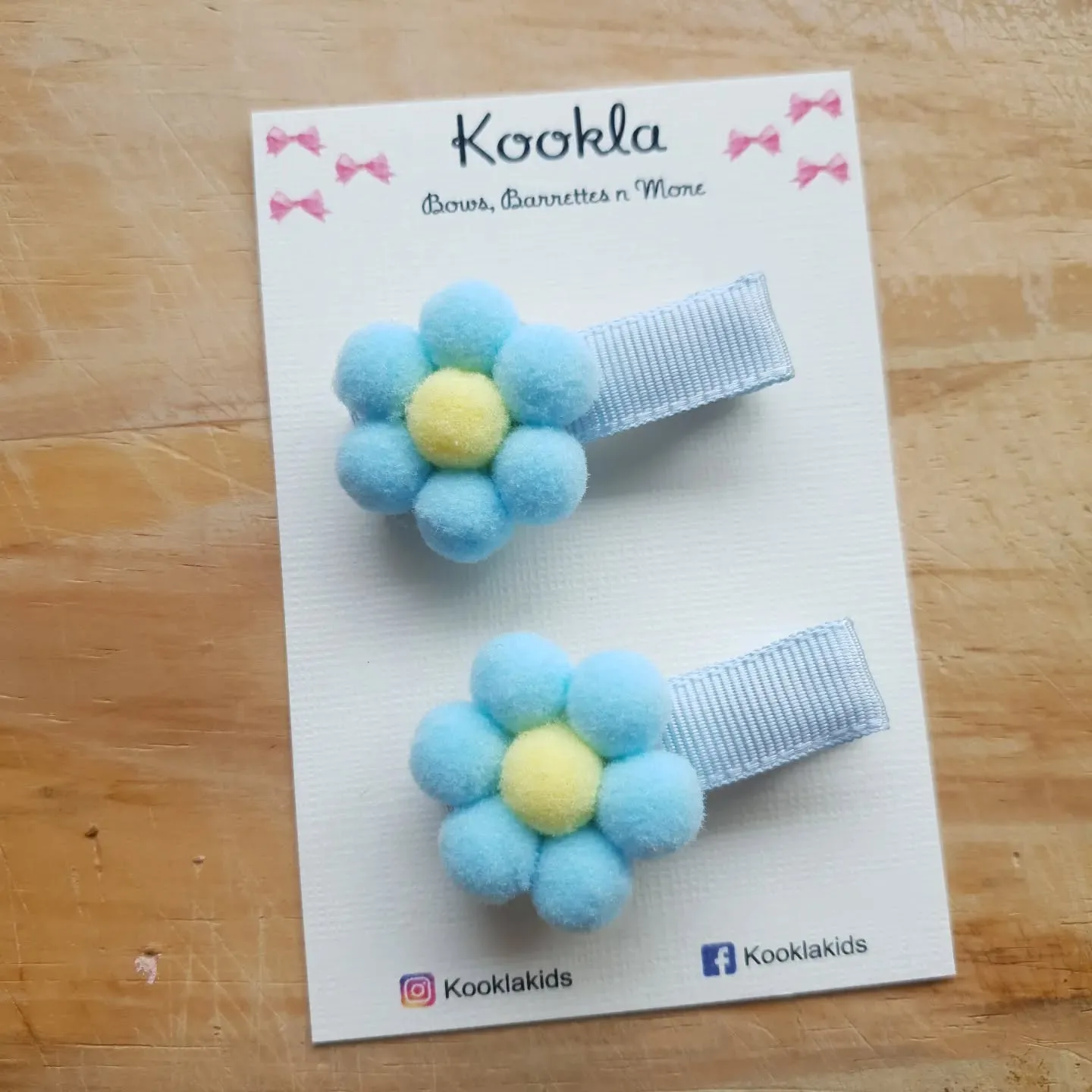 Pompom Flower Ribbon Lined Clip (Pair) — Sky Blue / Yellow