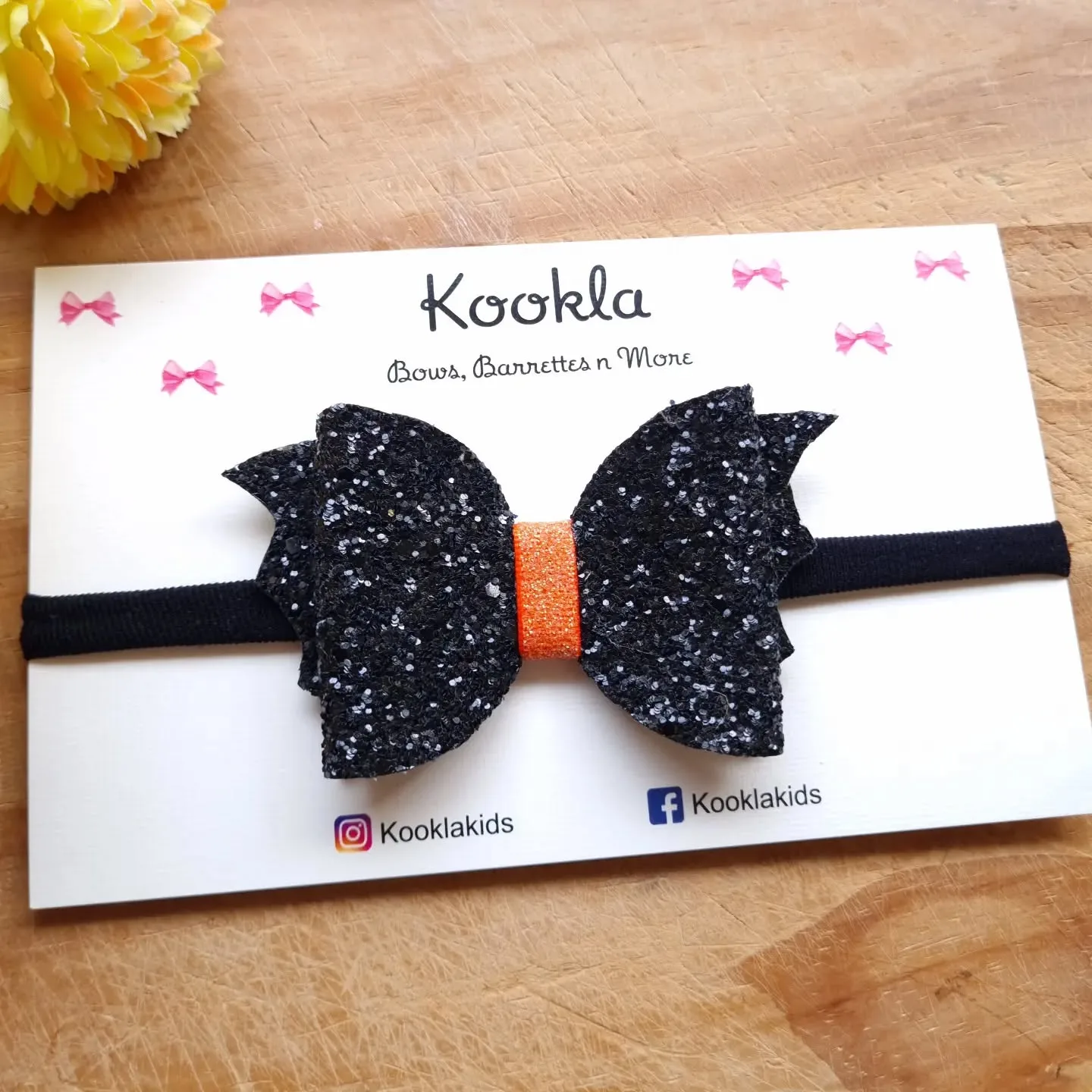 Glitter Bat Wing Bow Orange Headband — Black Glitter / Orange