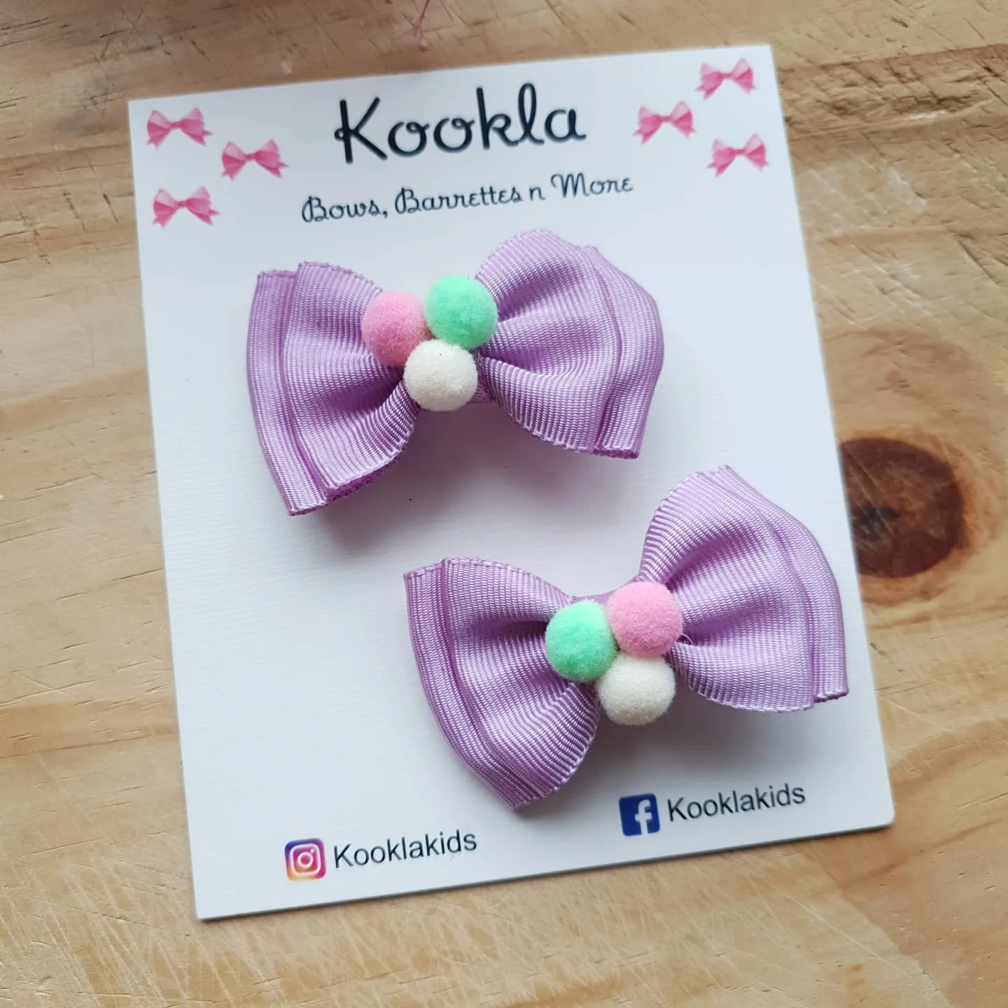 Grosgrain Bow Three Pompom Clip (Pair) — Lilac