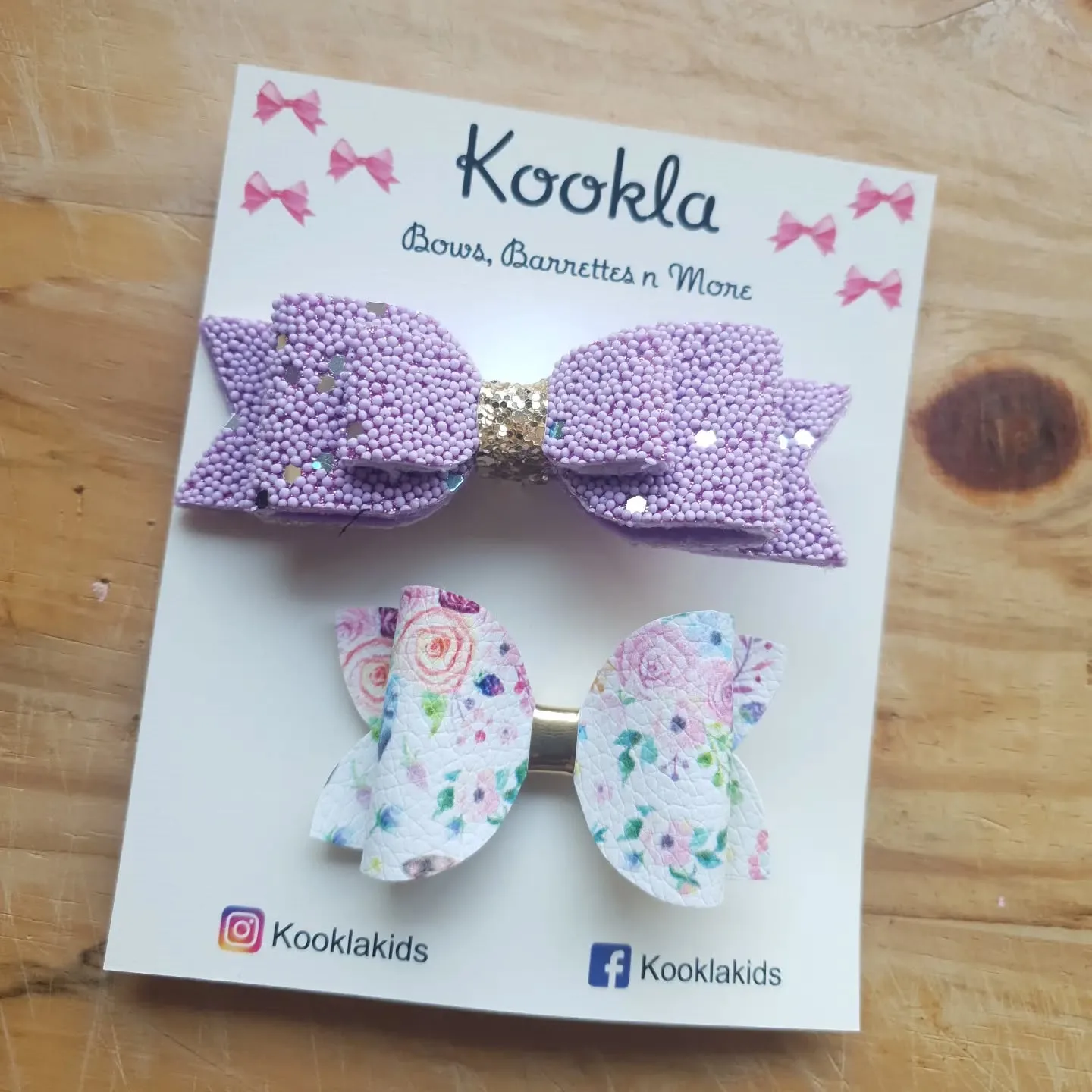 Glitter Bow Floral Faux Leather Clip (Pair) — Lilac Glitter / White Floral