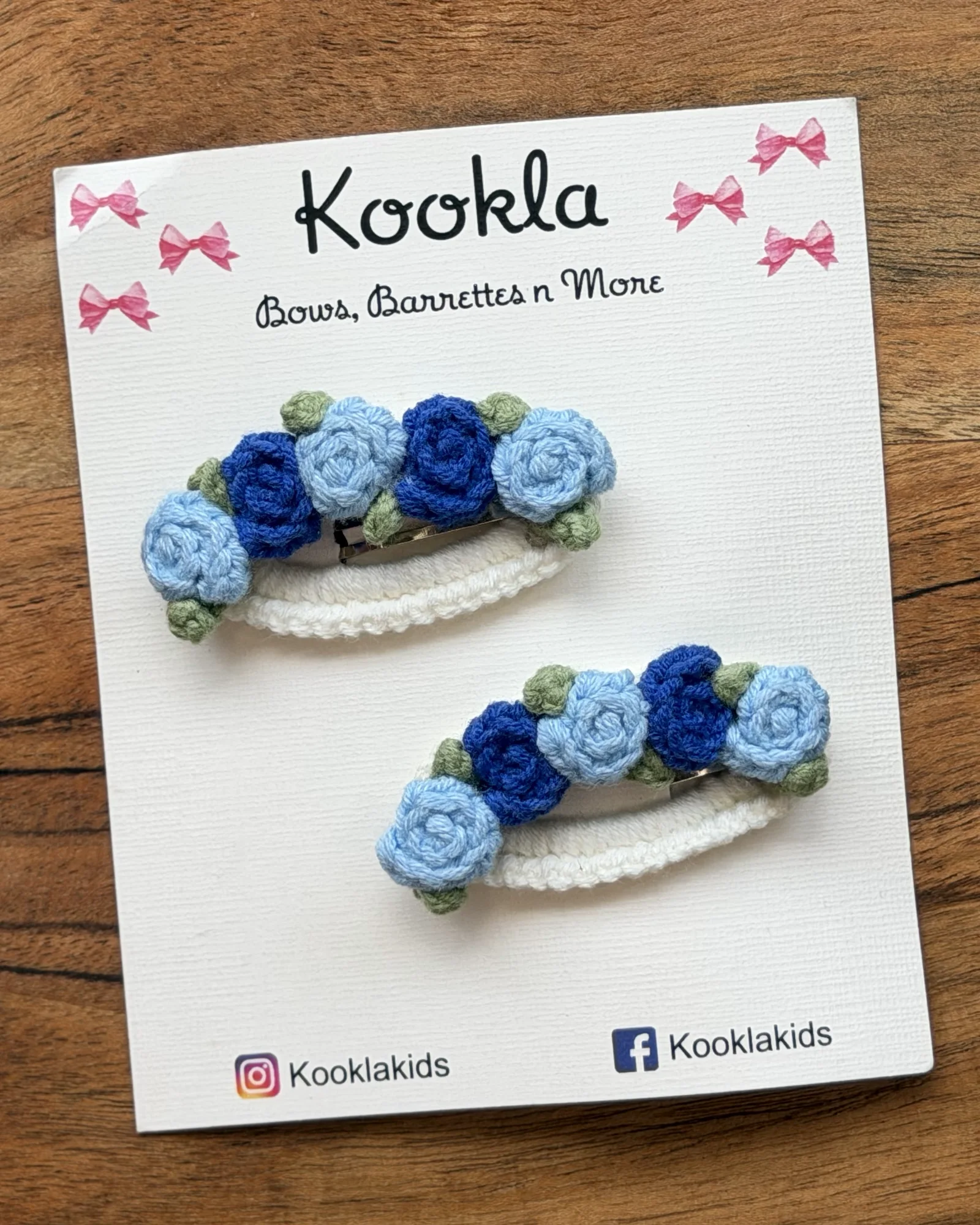 Crochet Five-Rose Barrettes (Pair) — Blue / Light Blue