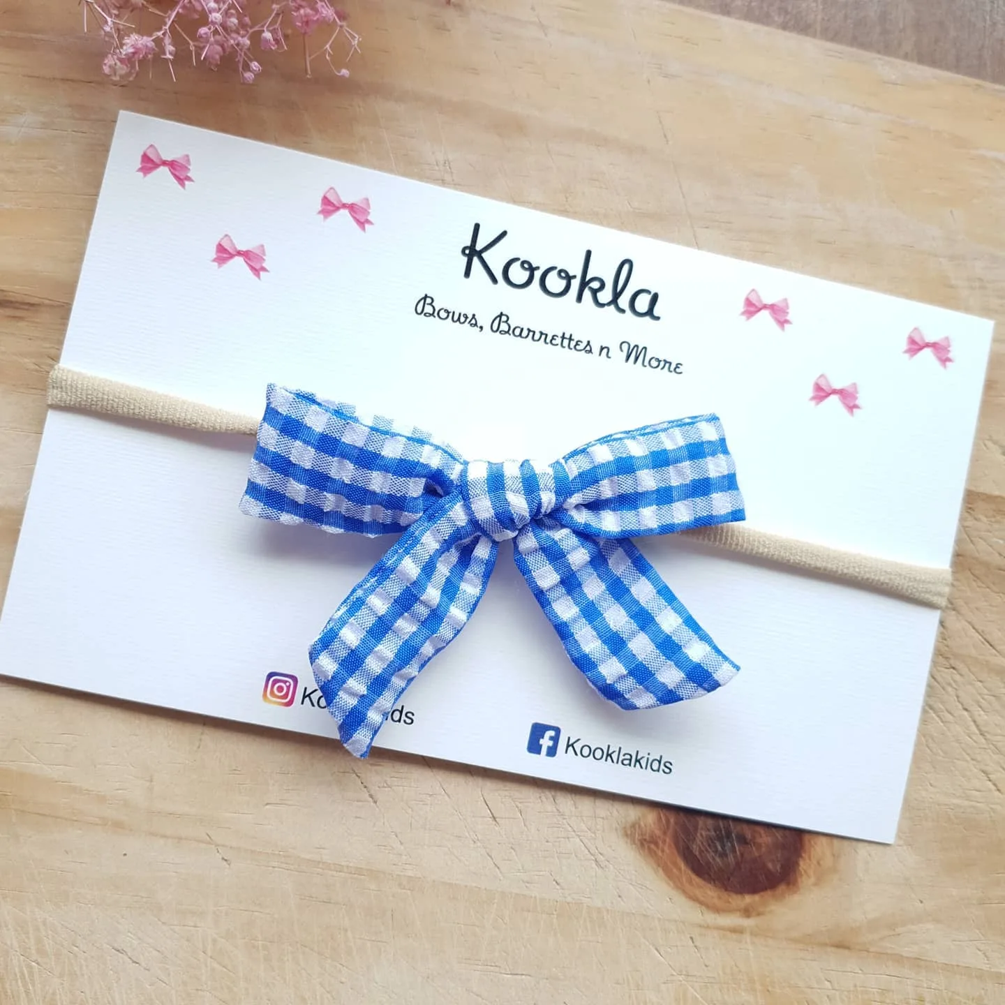 Gingham Ribbon Tied Bow Headband — Blue / White Gingham
