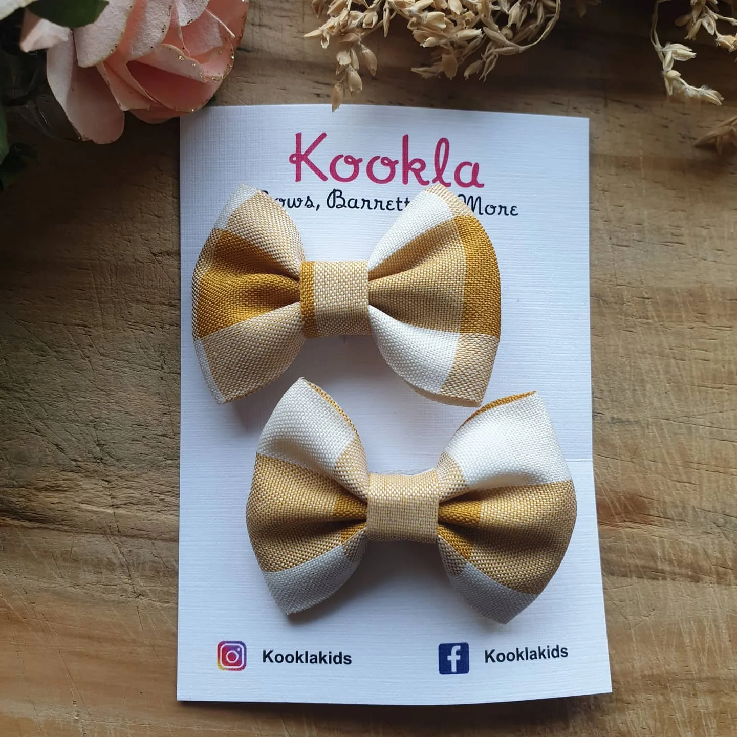 Gingham Check Fabric Bow Clip (Pair) — Mustard