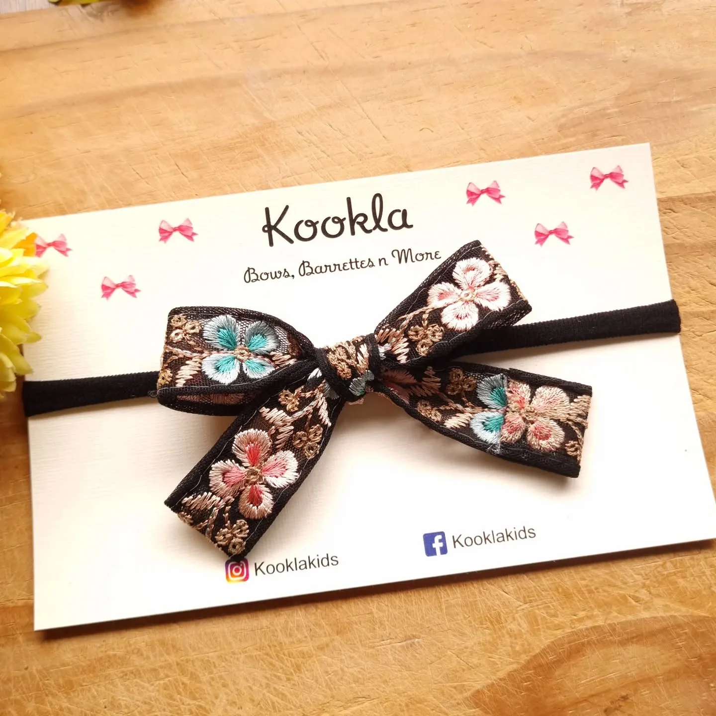 Embroidered Floral Net Sailor Bow Headband — Black