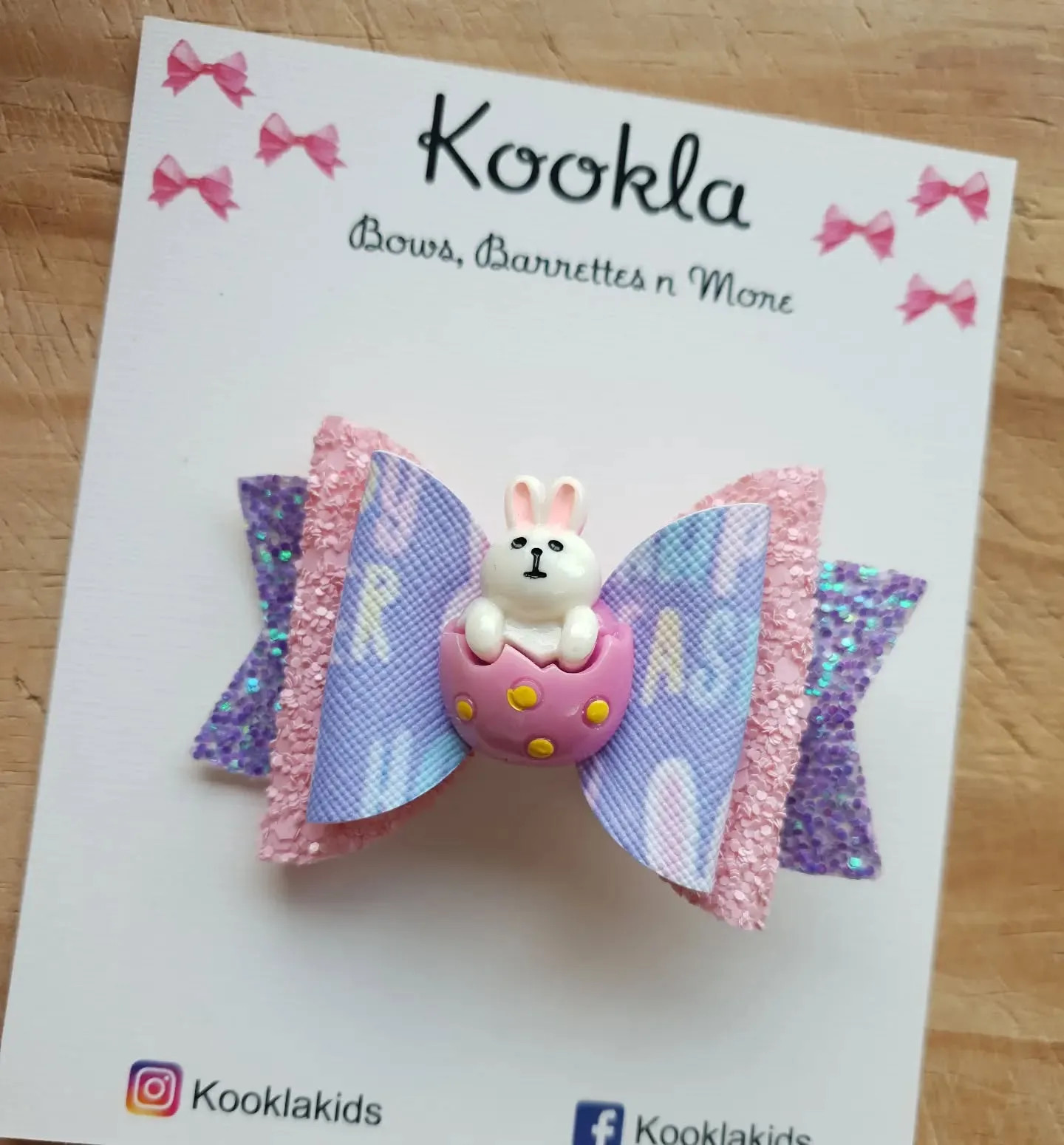 Glitter Easter Bow Clay Bunny Clip — Purple / Pink