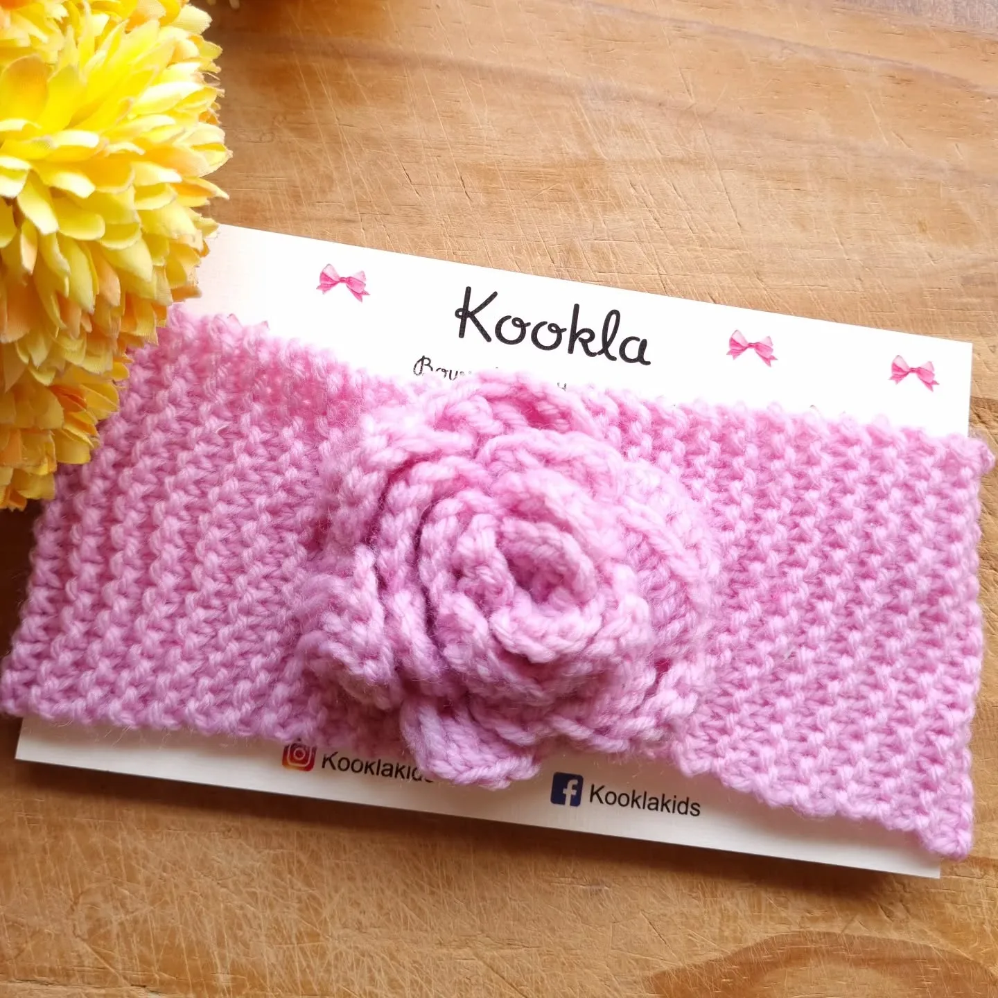 Knitted Ear Warmer Headband with Crochet Rose — Pink