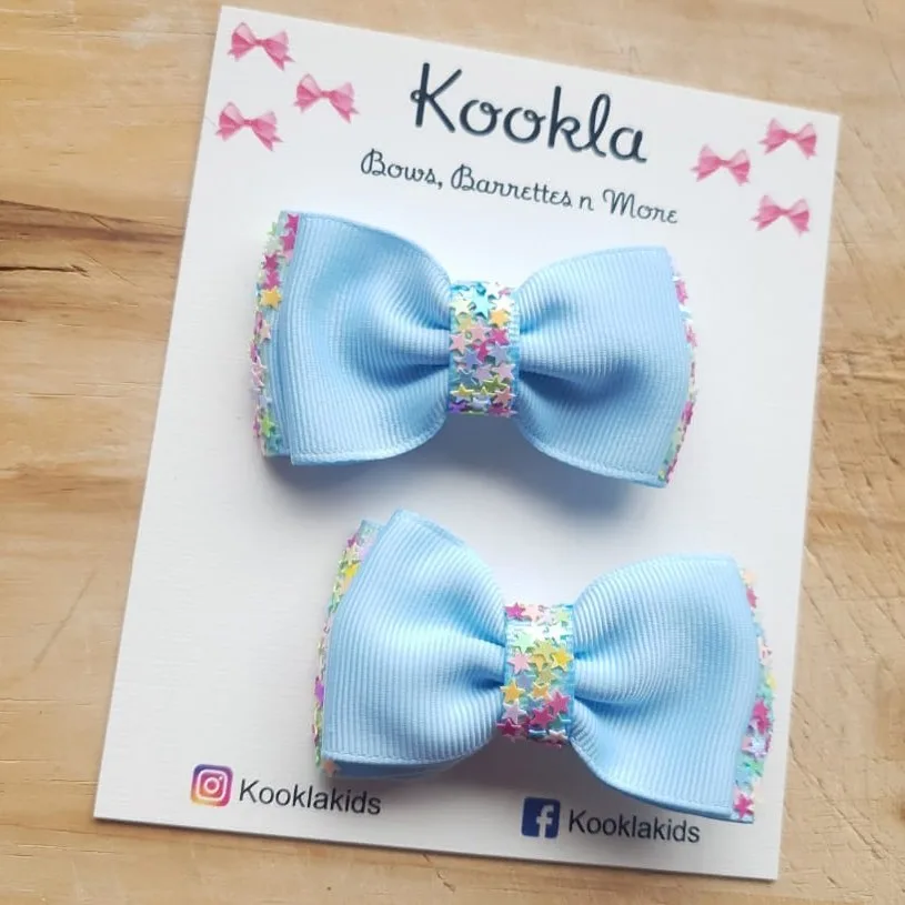 Grosgrain Bow Star Confetti Clip (Pair) — Baby Blue