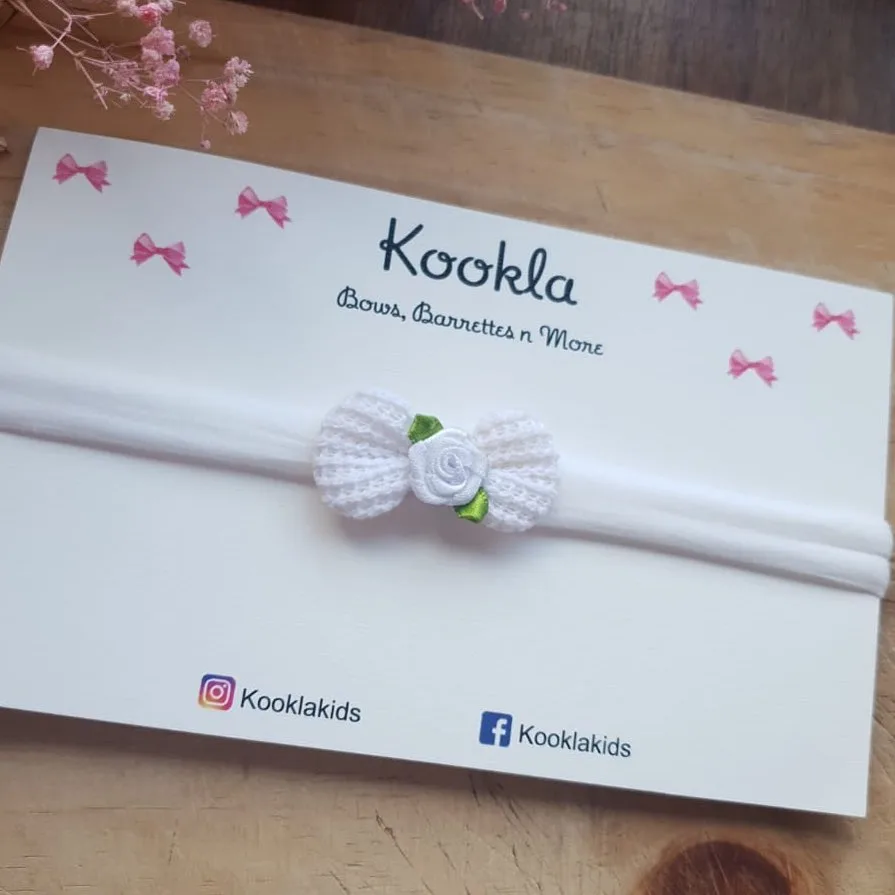 Crochet Knit Mini Bow Rosebud Headband — White