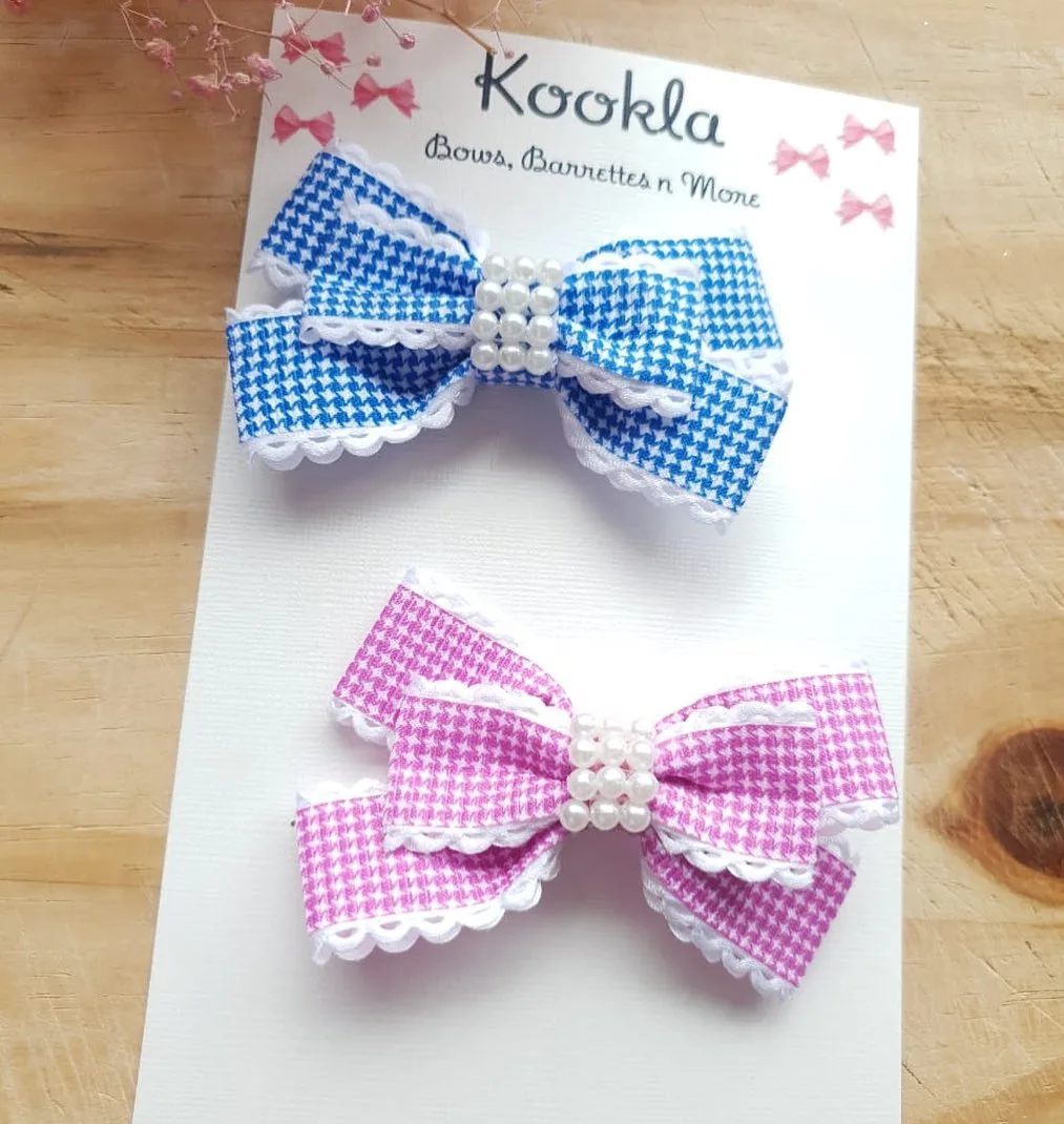 Houndstooth Layered Bow Pearl Bead Clip (Pair) — Blue Houndstooth / Pink Houndstooth