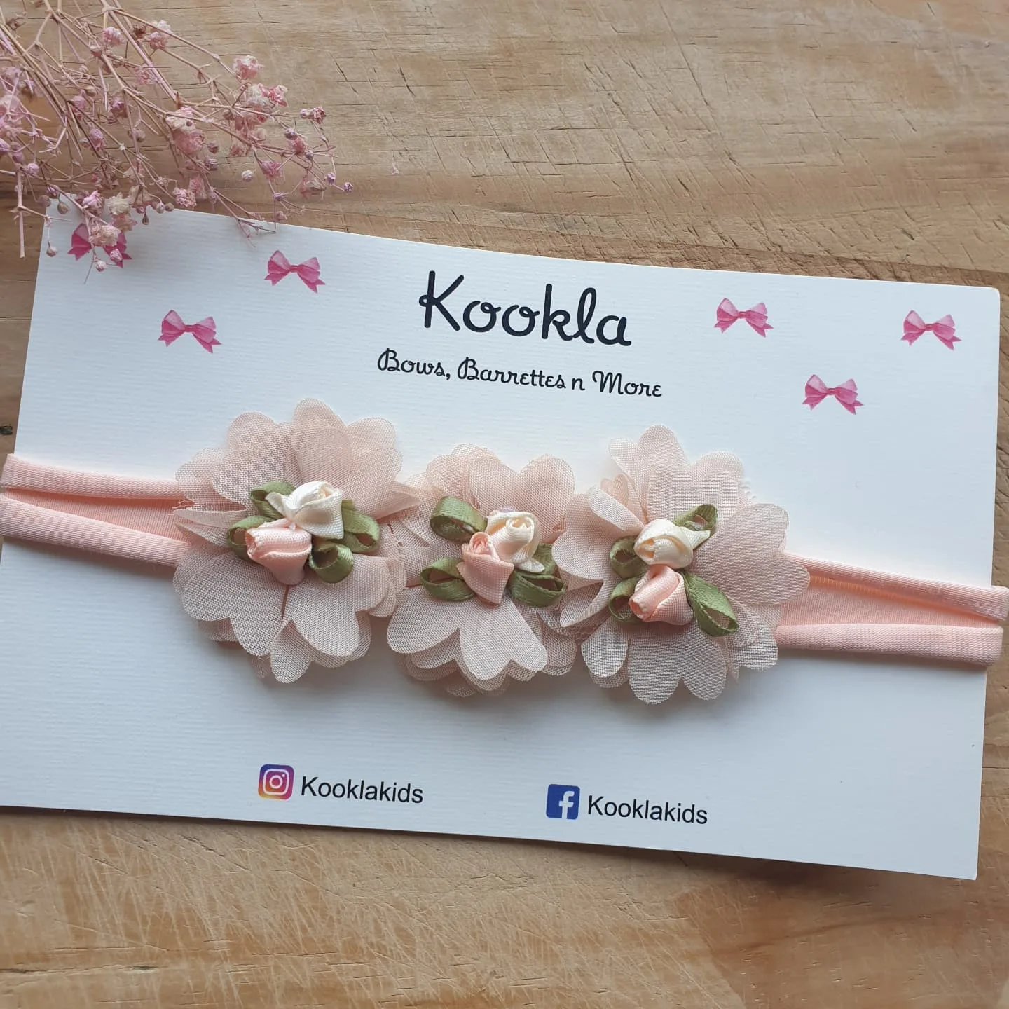 Chiffon Flower Trio Rosebuds Nylon Headband — Peach / Pink