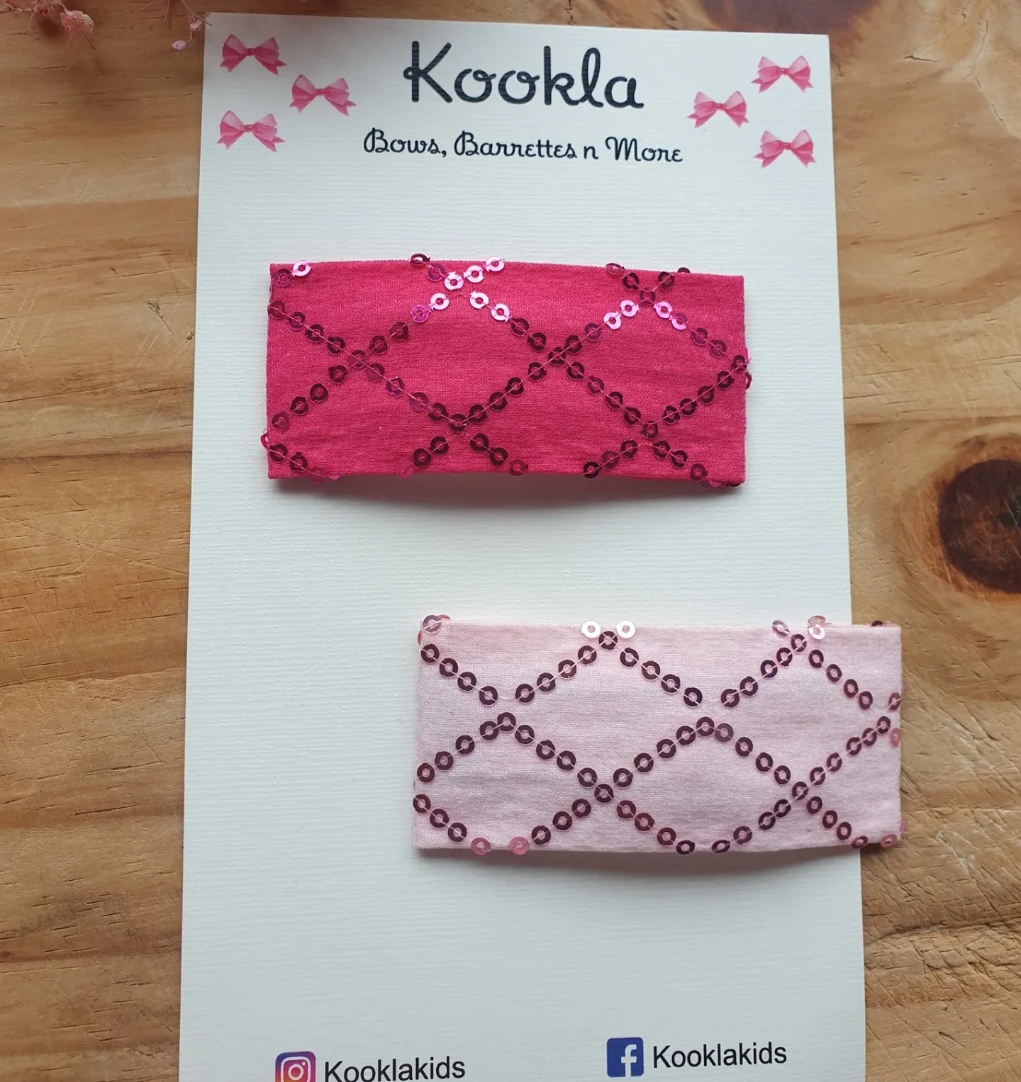 Sequin Lattice Fabric Covered Rectangular Snap Clip (Set of 3) — Fuchsia / Pale Pink