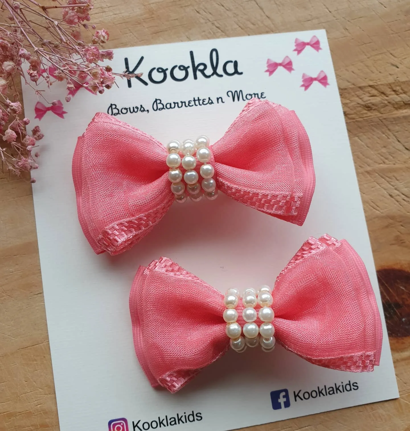Layered Organza Bow Pearl Bead Clip (Pair) — Coral Pink