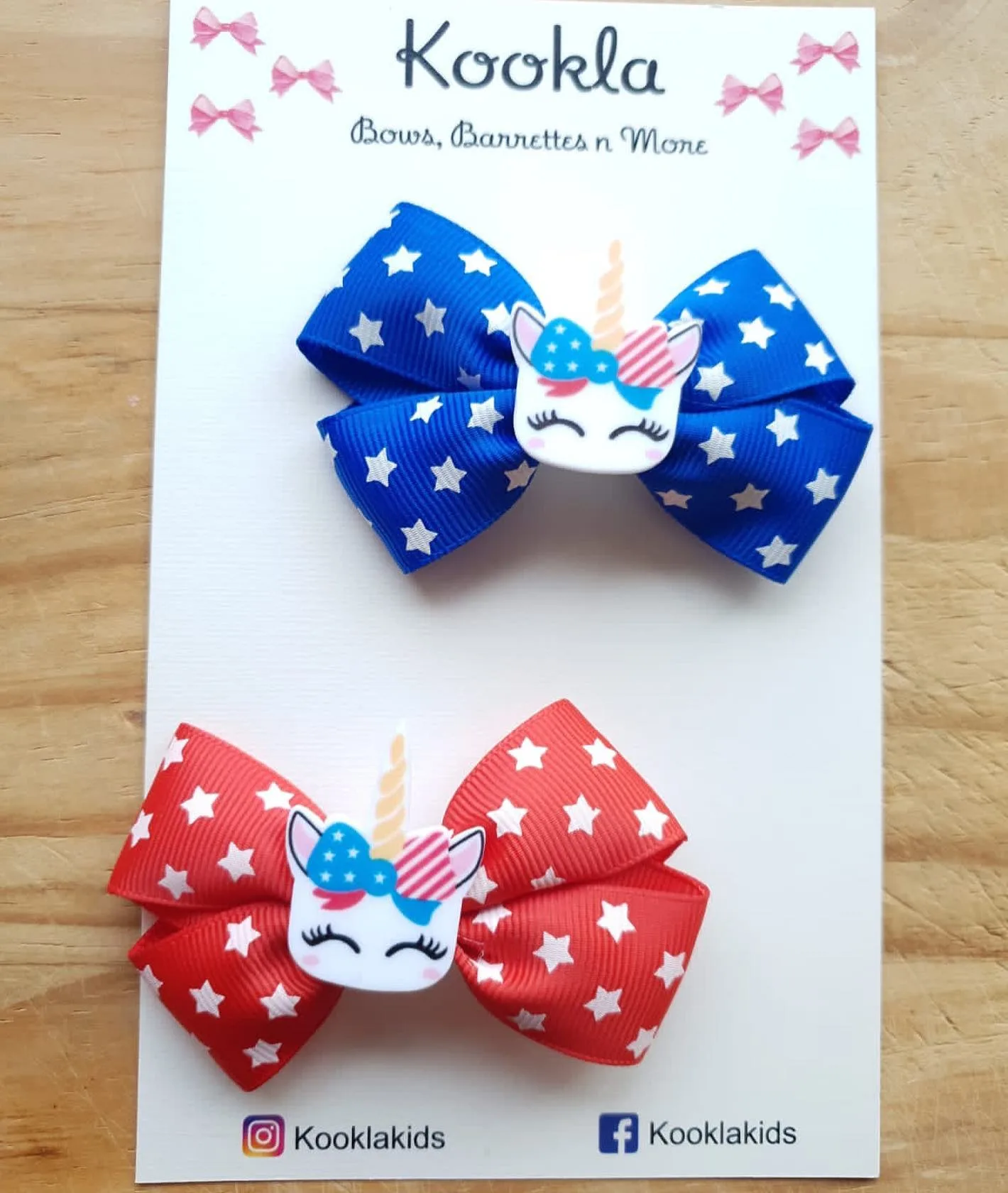 Star Print Bow Unicorn Charm Clip — Blue / Red