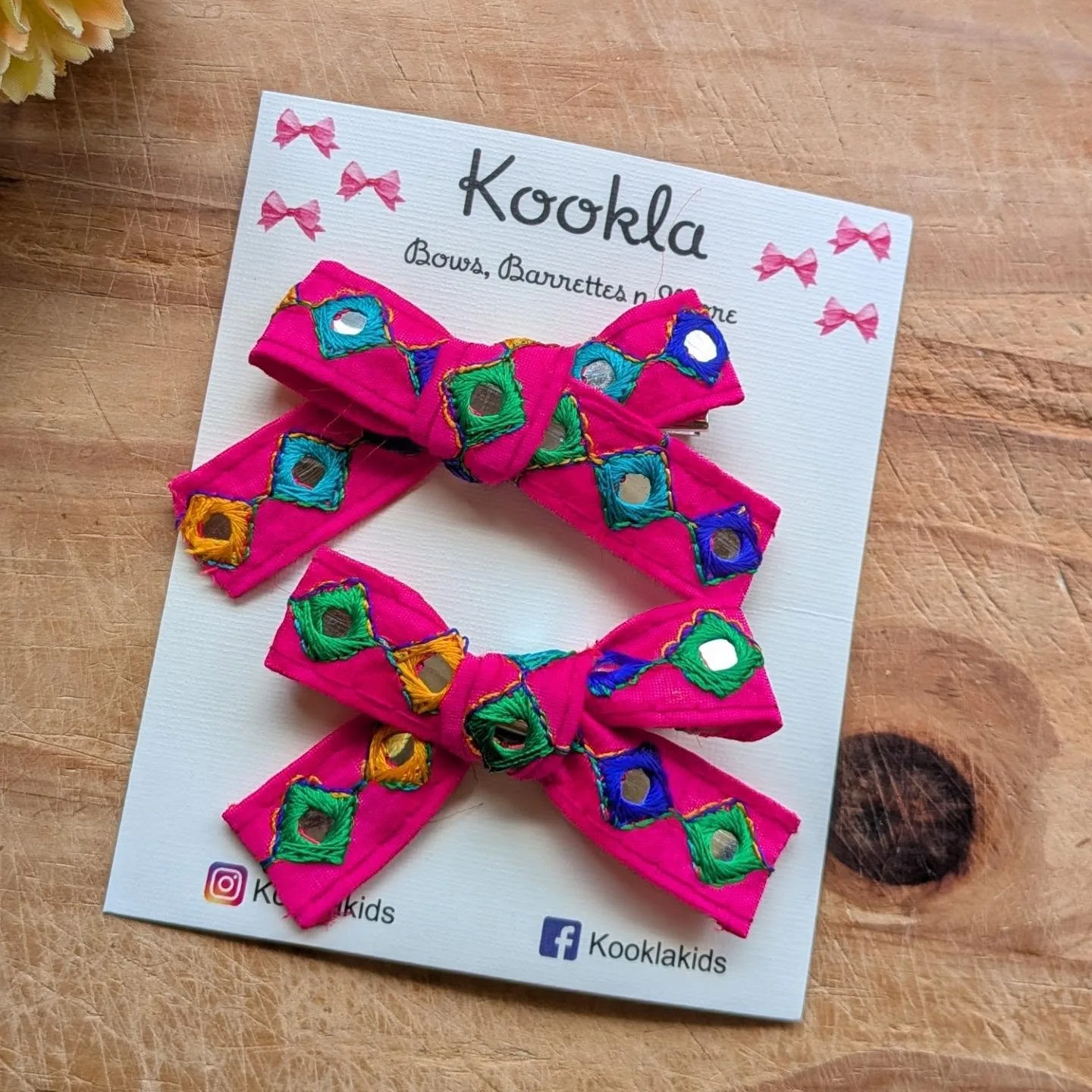 Mirror Work Bow Clips (Pair) — Pink