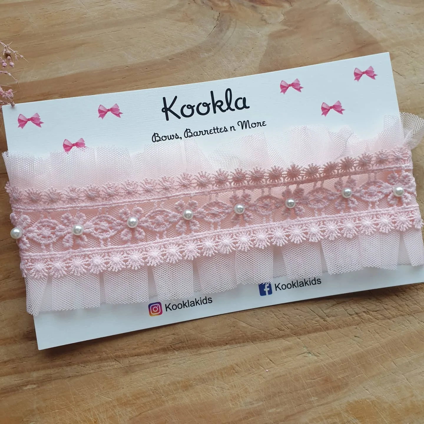 Lace Tulle Ruffle Pearl Headband — Pale Pink