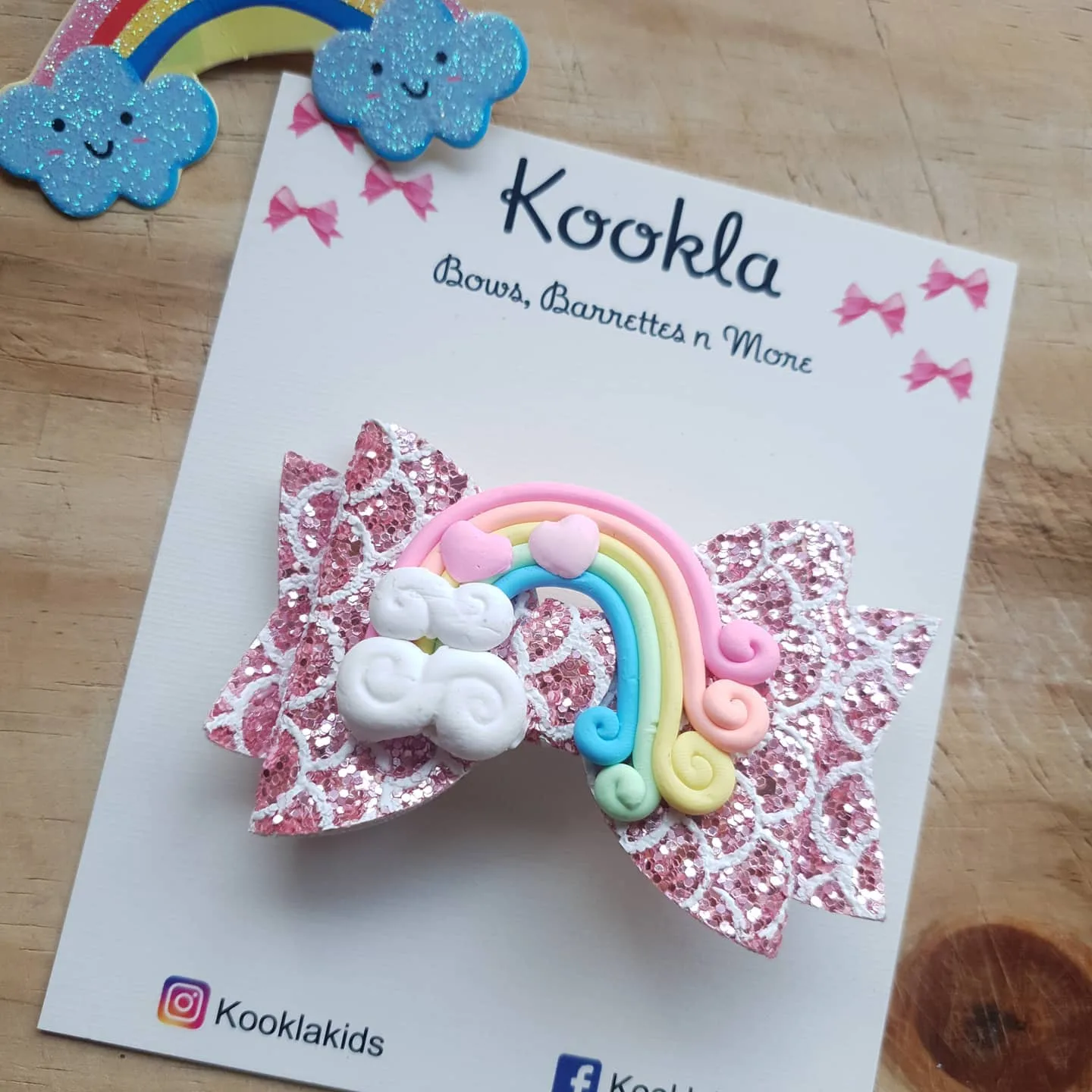 Glitter Layered Bow Clay Rainbow Clip — Pink Patterned Glitter