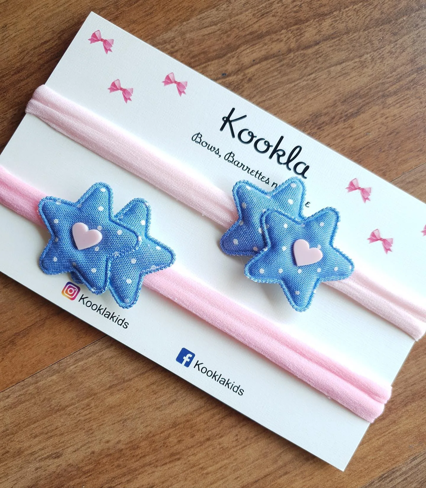 Padded Star Heart Stud Nylon Headband — Blue Polka Star / Pink Band
