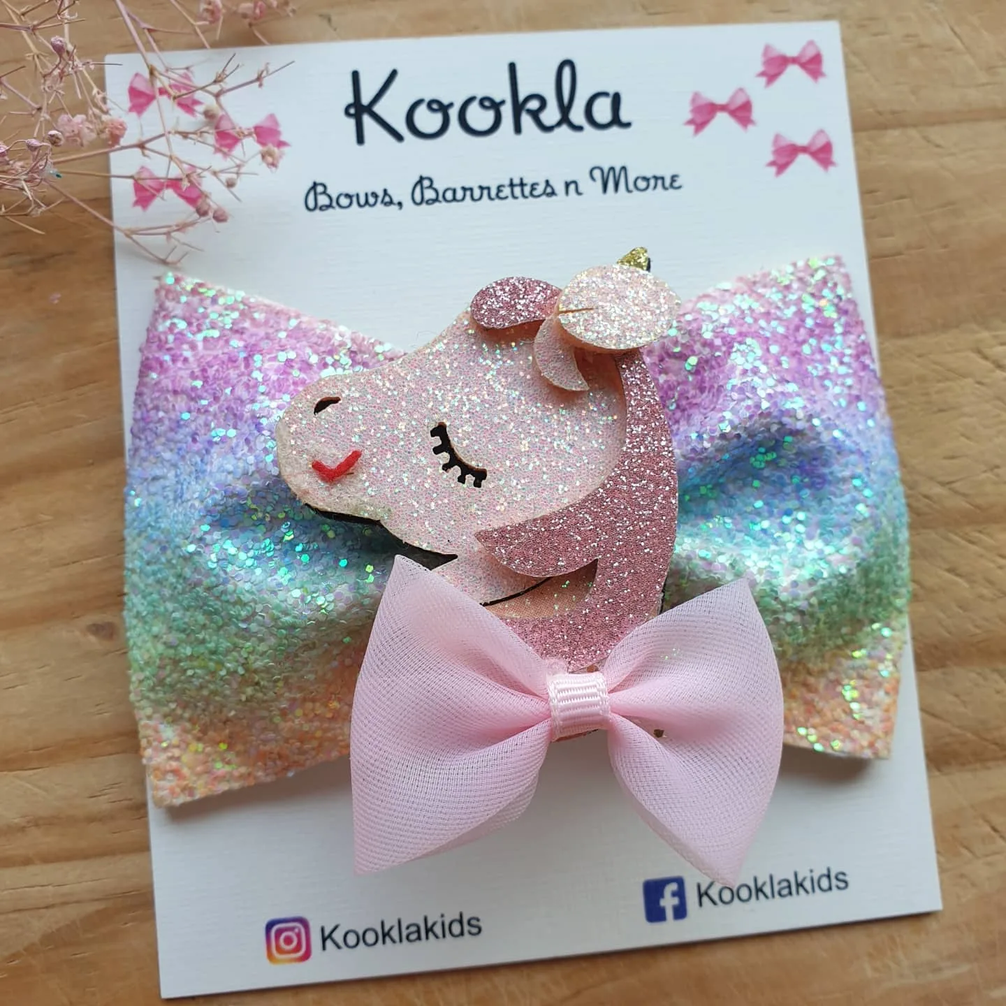 Rainbow Glitter Bow Glitter Unicorn Clip — Rainbow Glitter / Pink