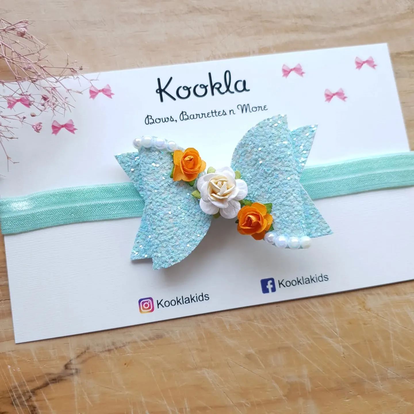 Glitter Bow Rose Cluster Headband — Aqua