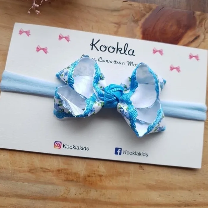 Lace Edge Floral Boutique Bow Headband — Blue Floral / White