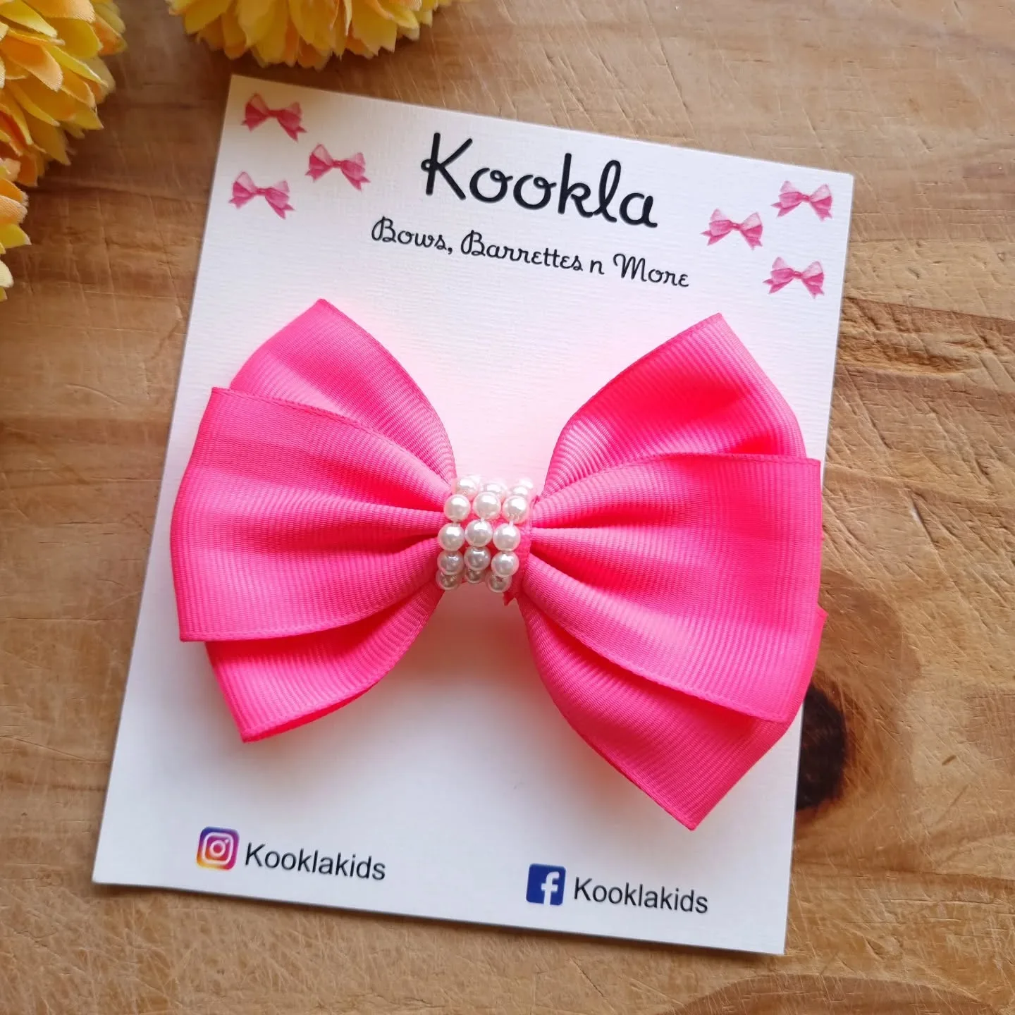 Double Loop Grosgrain Pearl Bow Clip — Hot Pink