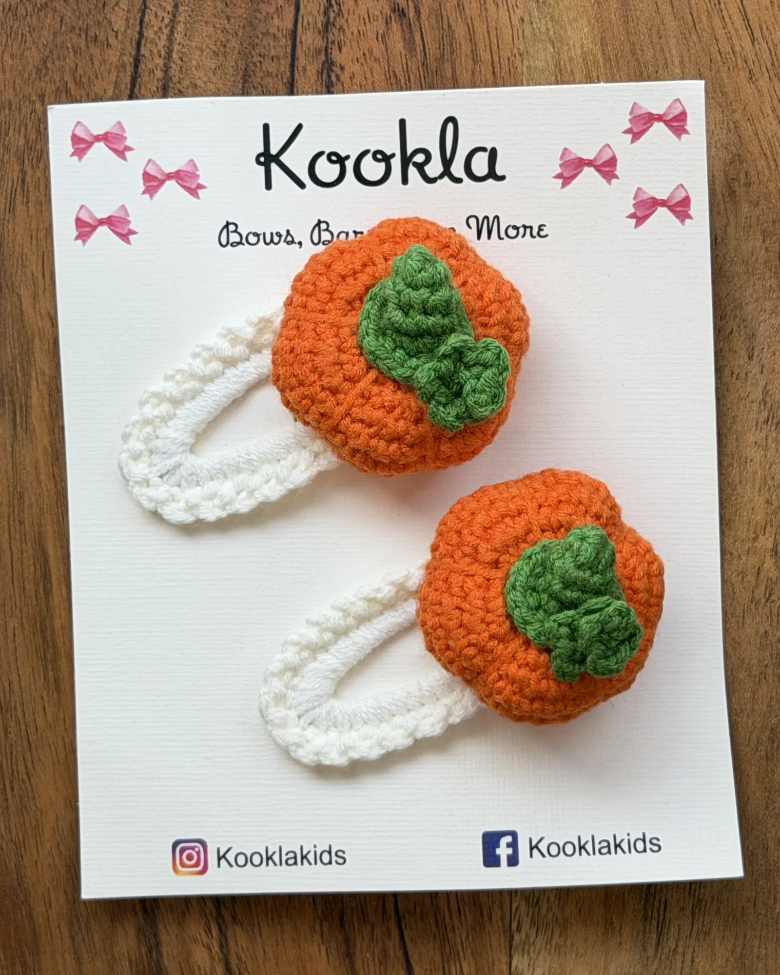 Crochet Pumpkin Clips (Pair) — Orange / Green
