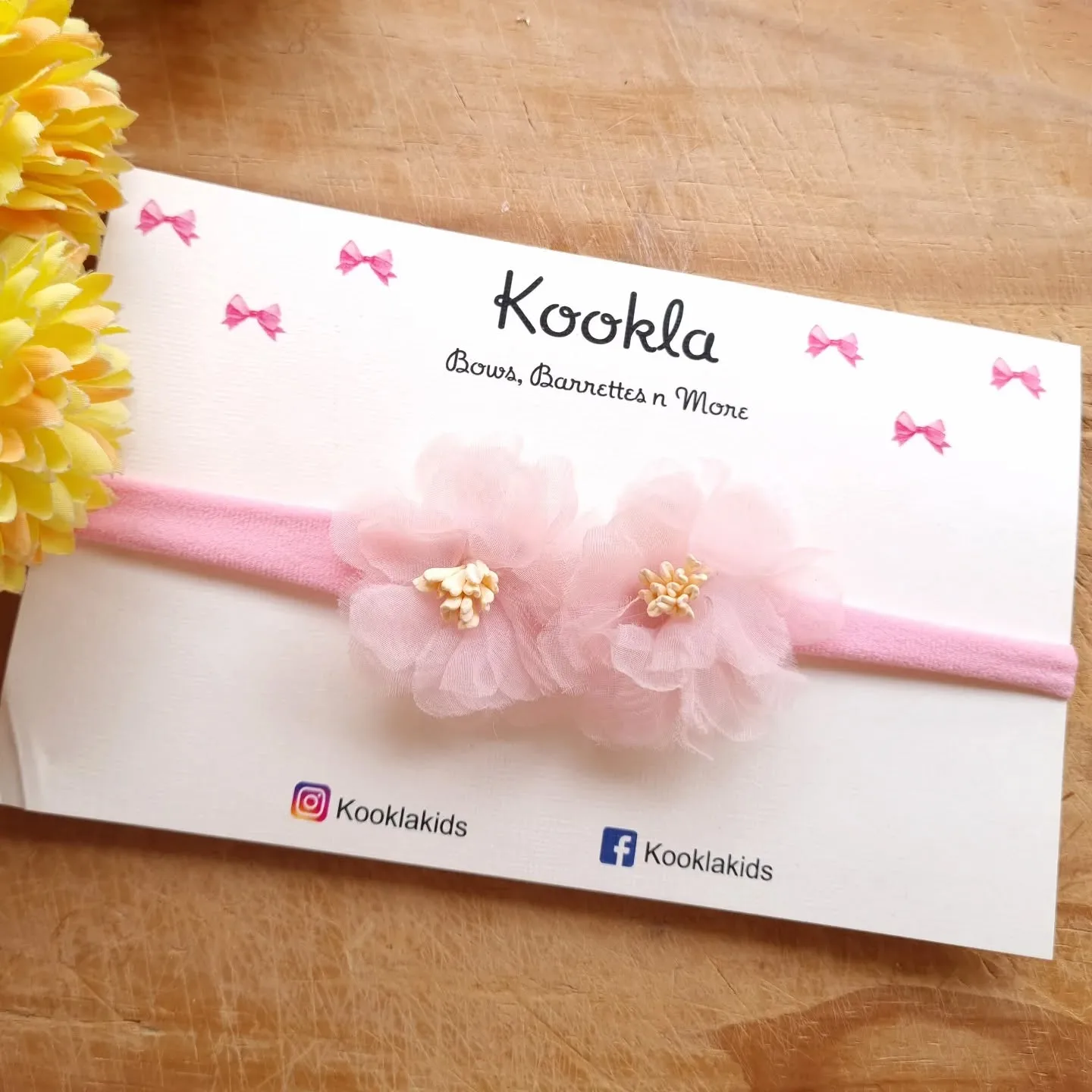 Double Chiffon Flower Gold Stamens Headband — Blush Pink