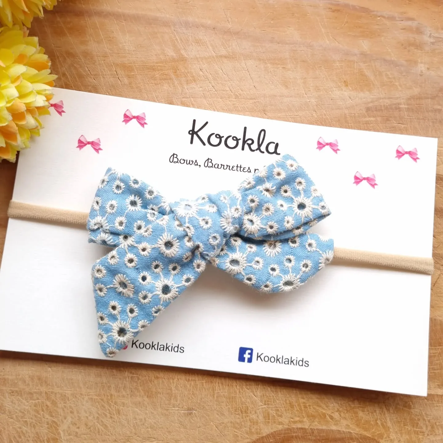 Eyelet Broderie Cotton Sailor Bow Headband — Light Blue Eyelet