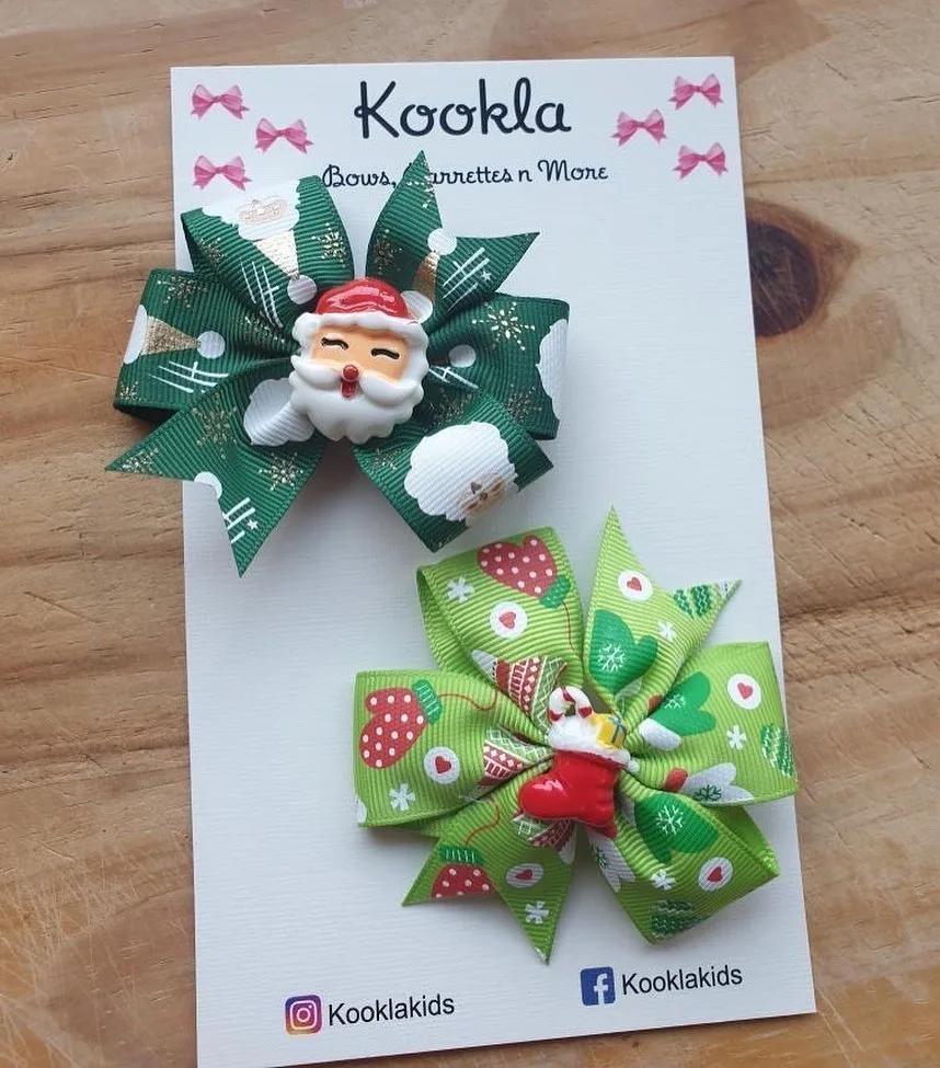 Christmas Spiked Pinwheel Charm Bow Clip (Pair) — Dark Green / Lime Green
