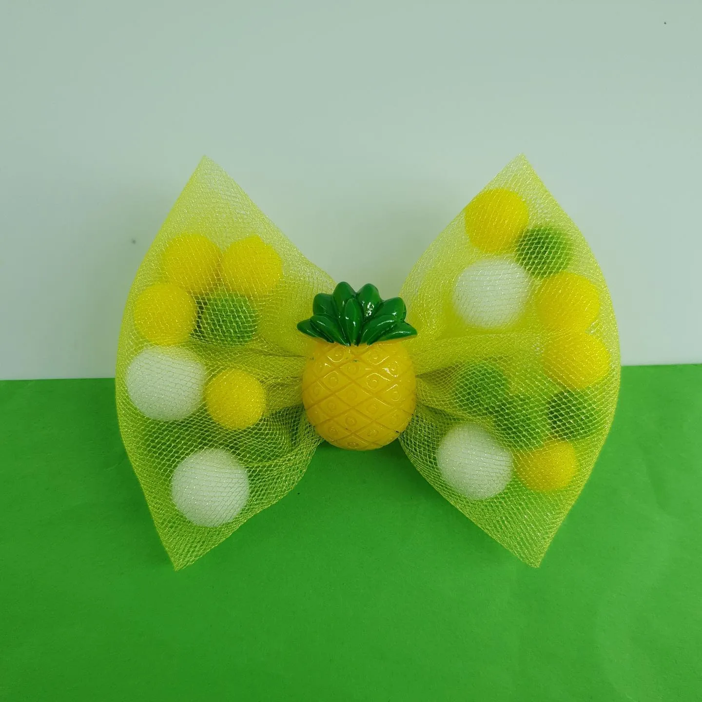 Tulle Pompom Bow Fruit Charm Clip — Yellow / Pineapple