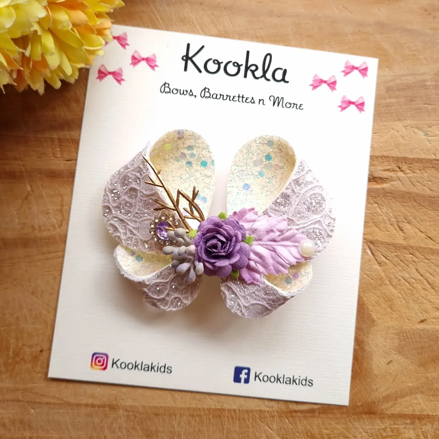 Glitter Butterfly Bow Clip — White Lace