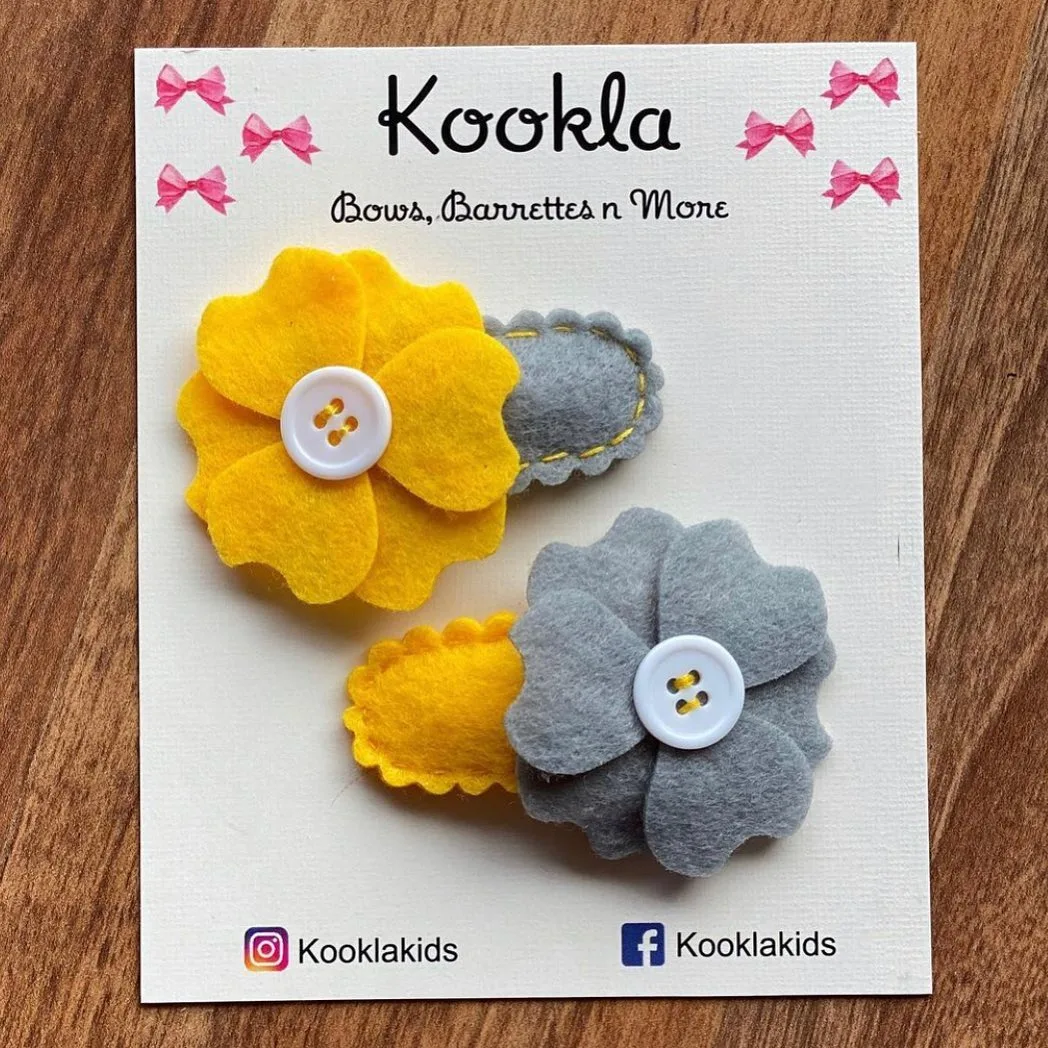 Felt Flower Button Centre Felt Snap Clip (Pair) — Yellow / Grey