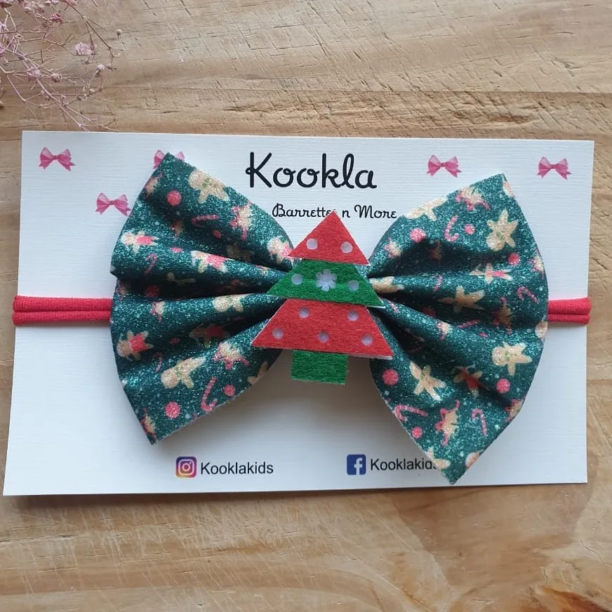 Christmas Print Fabric Bow Glitter Headband — Dark Green Print