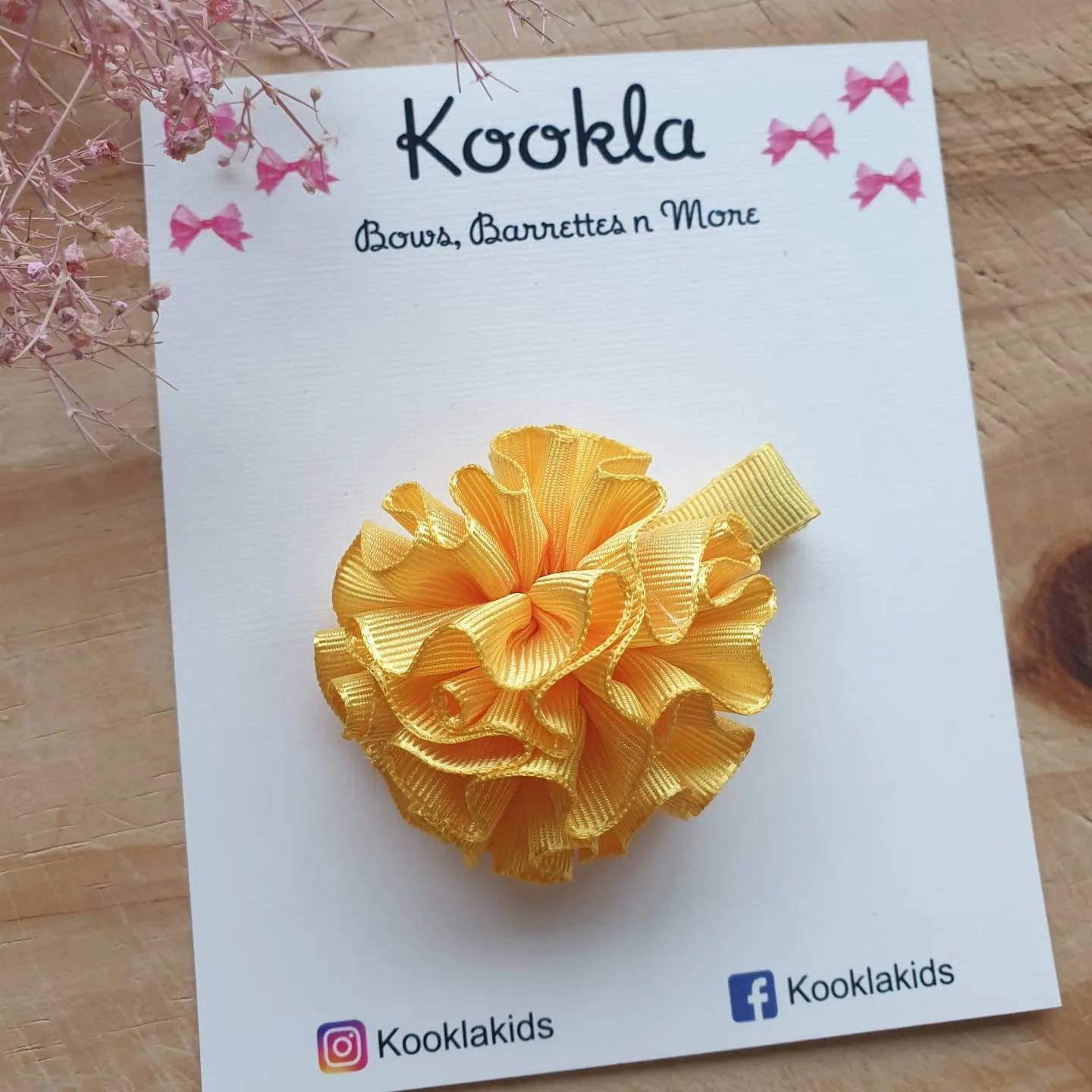 Curled Ribbon Pom Pom Flower Clip — Marigold Yellow