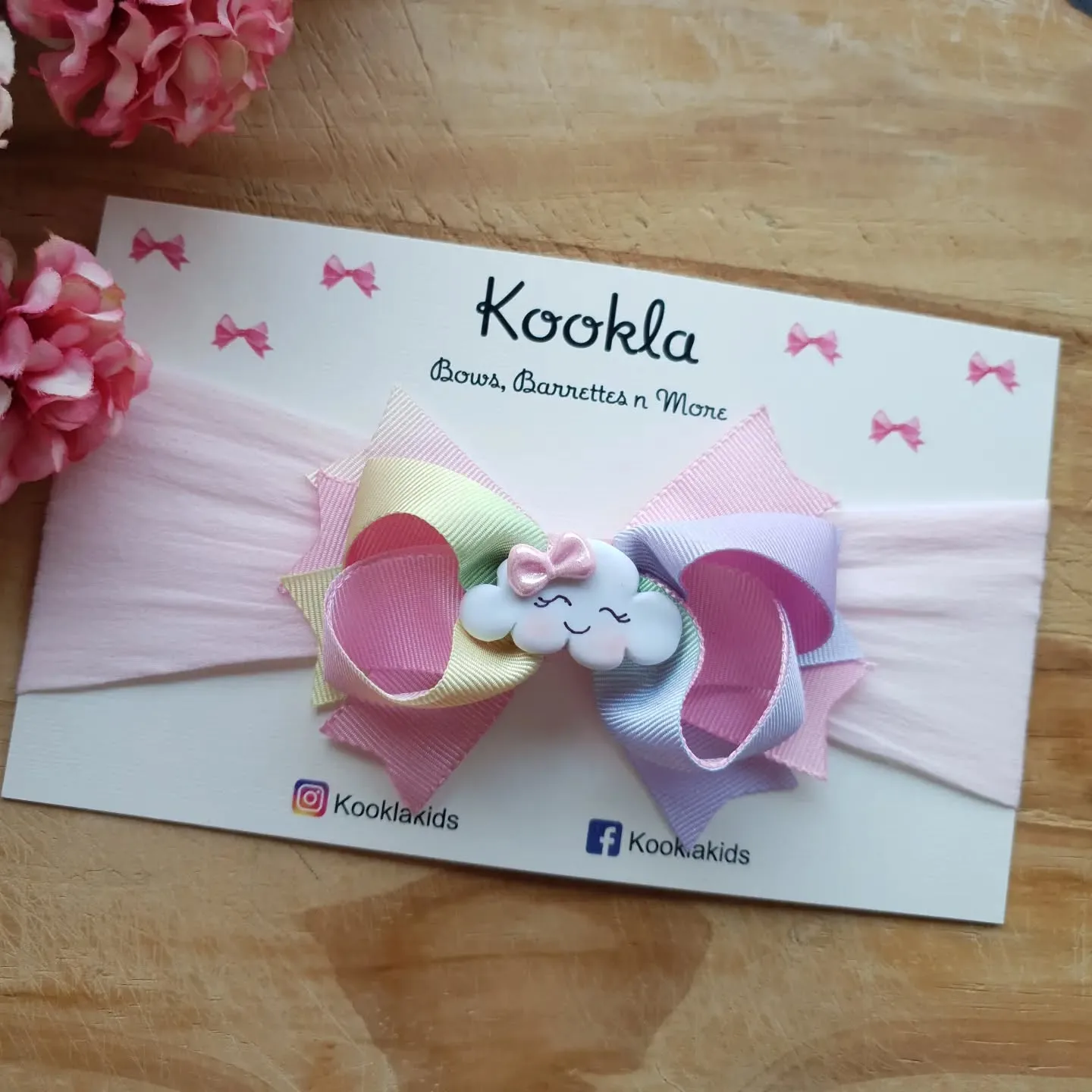Stacked Grosgrain Bow Clay Cloud Headband — Pastel Rainbow / Pink