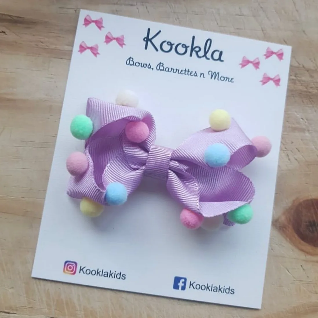 Loopy Grosgrain Bow Scattered Pompom Clip — Lilac / Pastel Multi