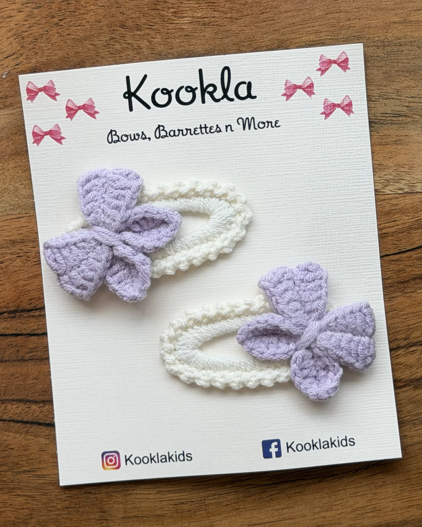 Crochet Bow Snap Clips (Pair) — Lavender / White