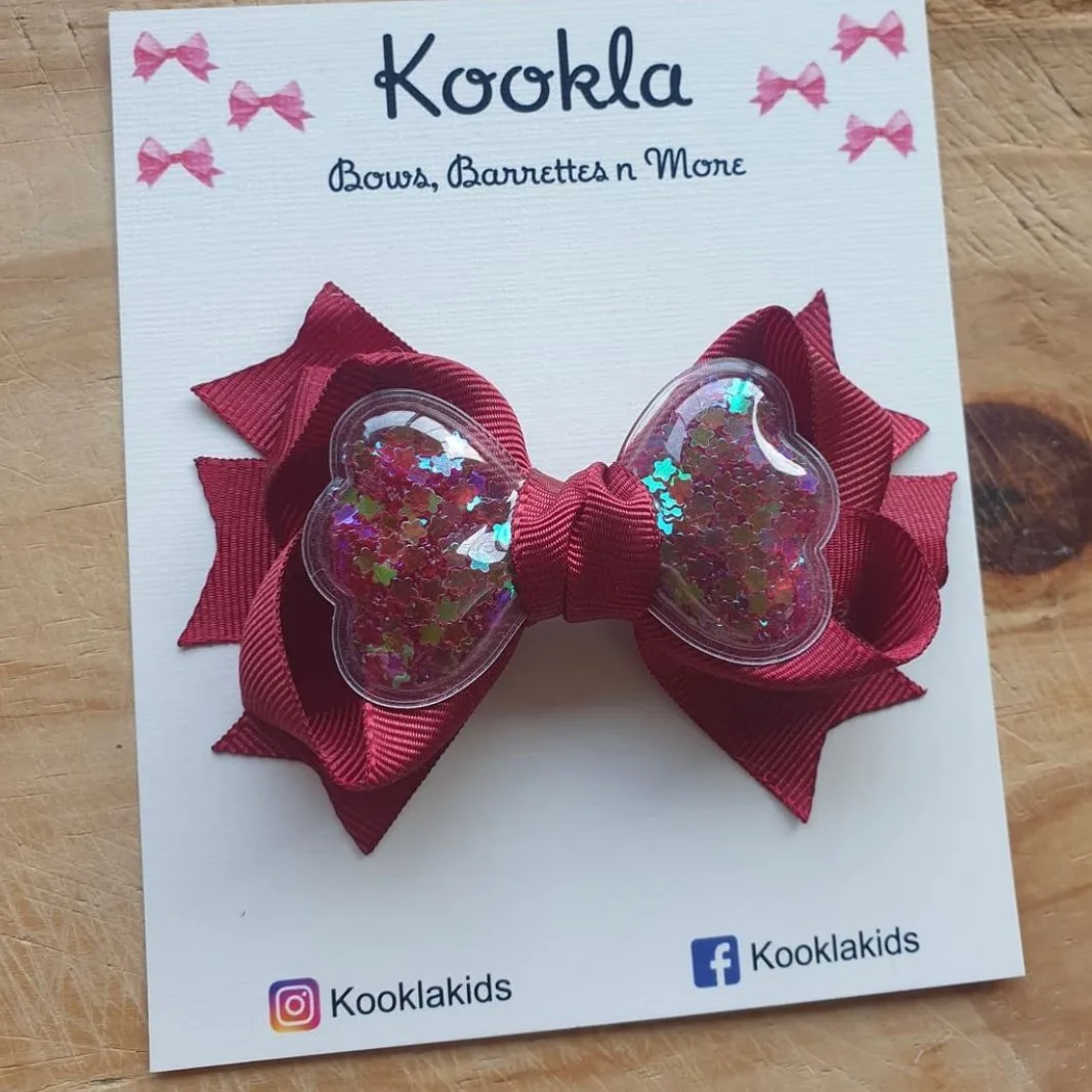 Grosgrain Bow Heart Shaker Clip — Maroon