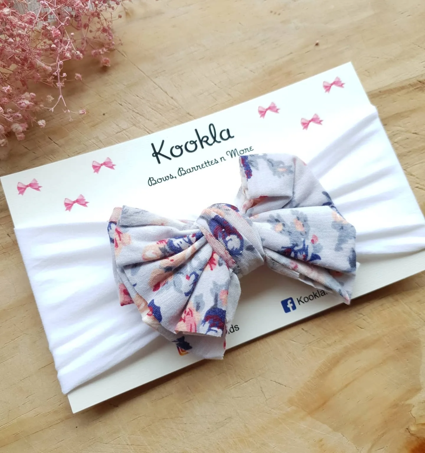 Floral Fabric Loopy Bow Wide Headband — White Floral / White Band