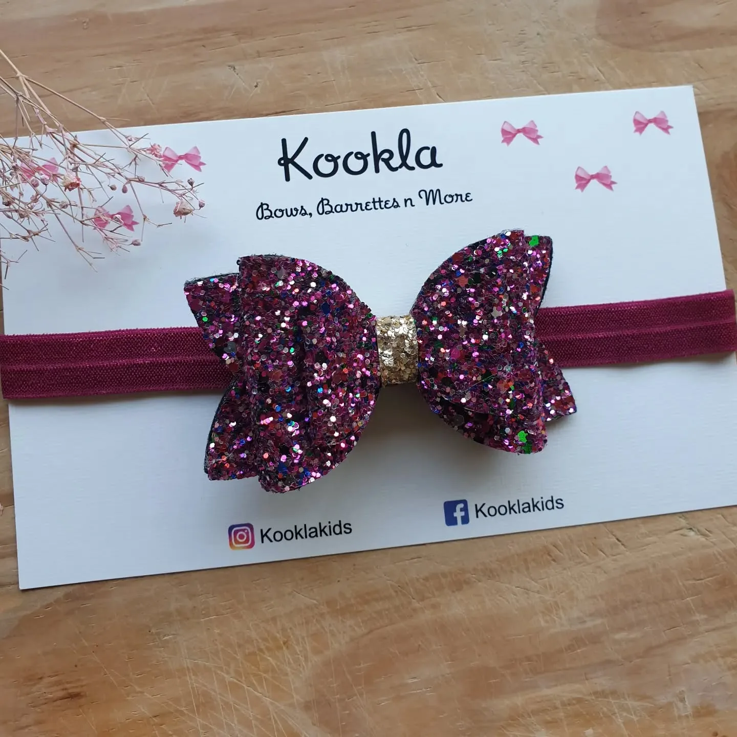 Chunky Glitter Bow Elastic Headband — Purple Glitter / Maroon Band