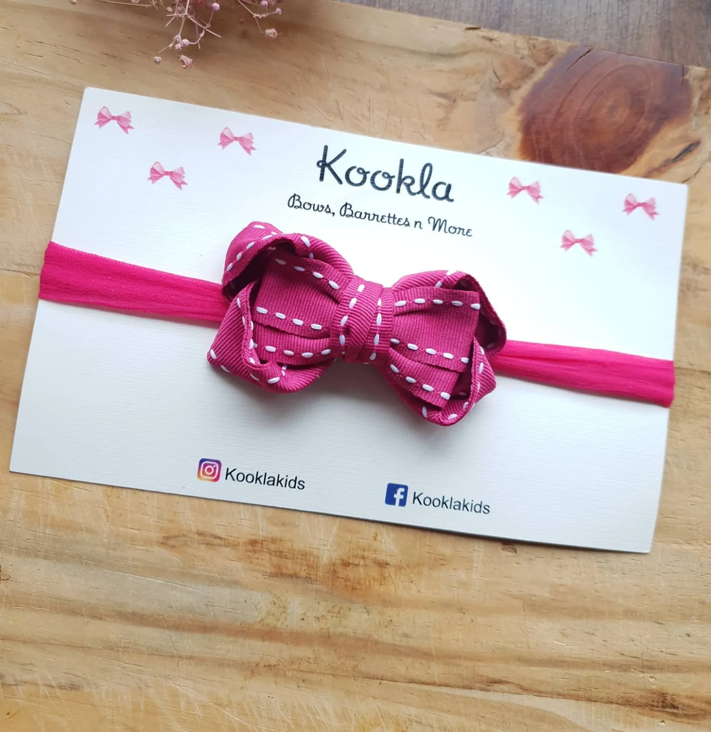Saddle Stitch Grosgrain Bow Headband — Fuchsia / White Stitch