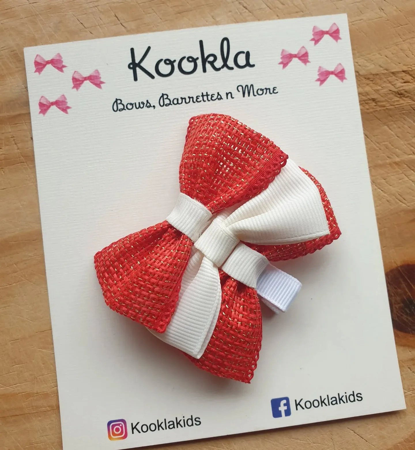 Metallic Mesh Bow Ivory Grosgrain Clip — Red / Ivory