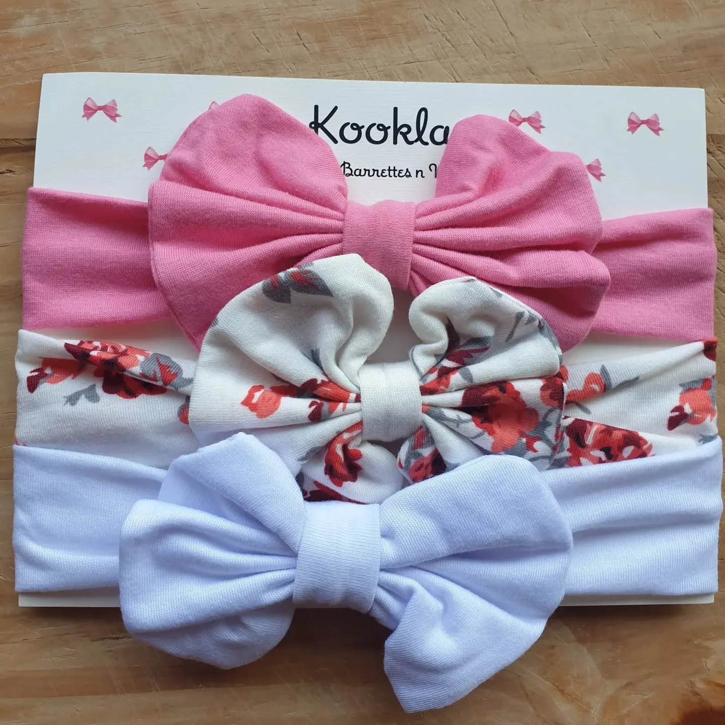 Soft Sewn Bow Headbands (Set of 3) — Pink / Red Floral / White